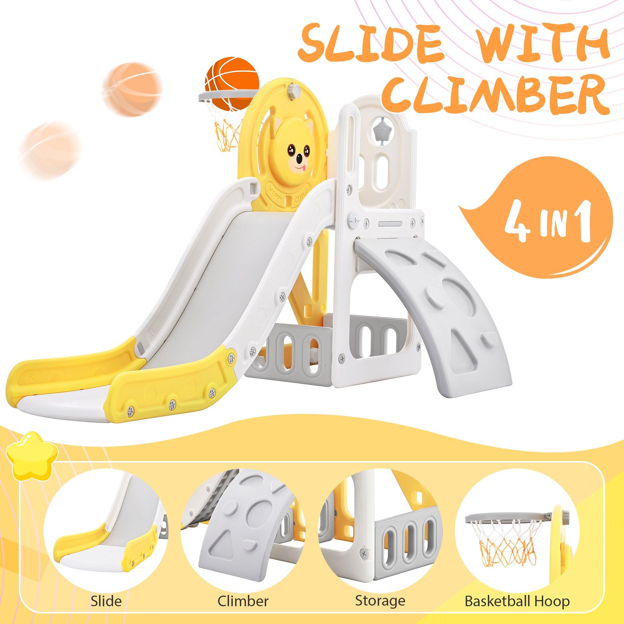 🆓🚛 Toddler Climber & Slide Set 4 in 1, Kids Playground Climber Freestanding Slide Playset With Basketball Hoop Play Combination for Babies Indoor & Outdoor, Yellow & Gray