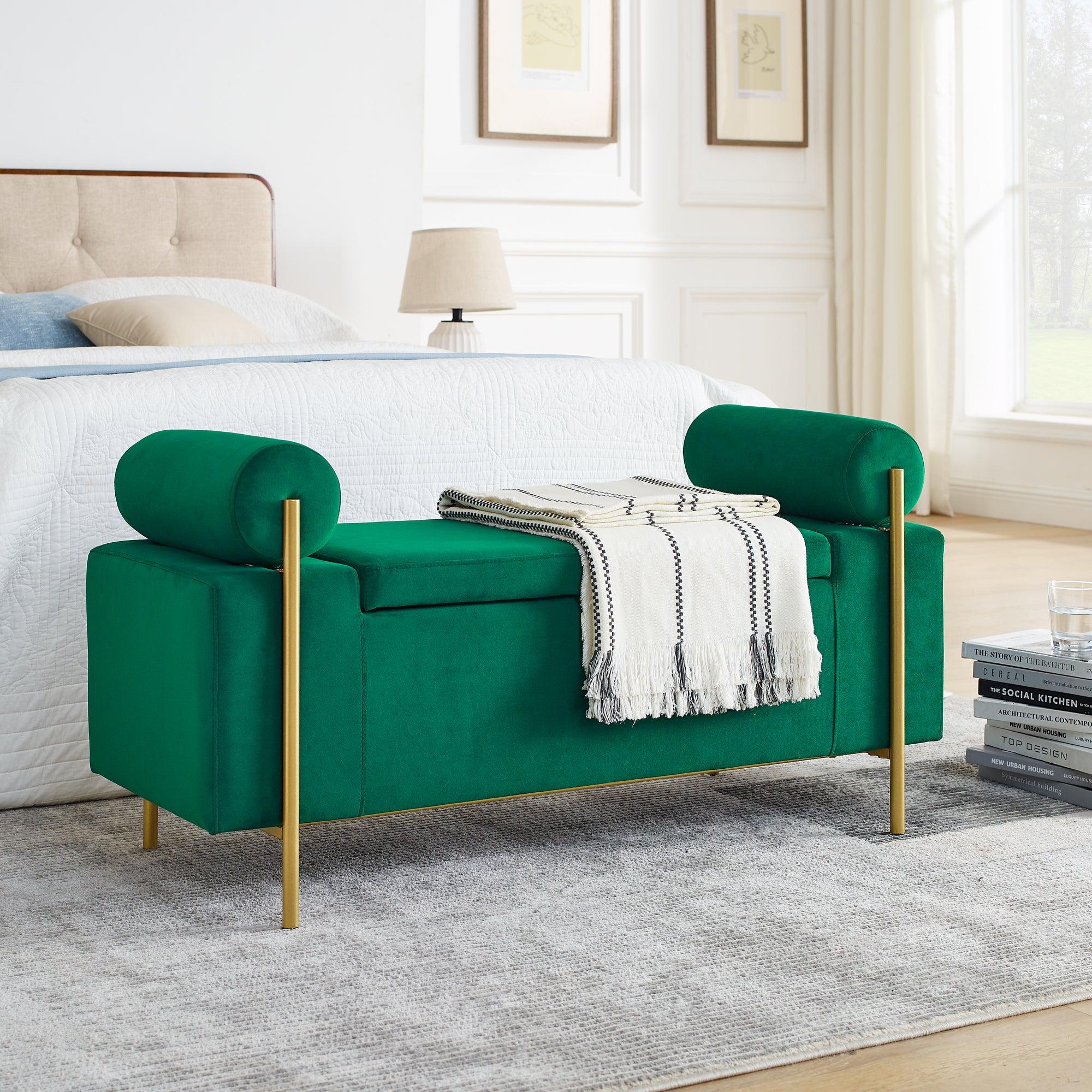 Elegant Upholstered Linen Storage Bench W/ Cylindrical Arms & Iron Legs For Hallway Living Room Bedroom - Green