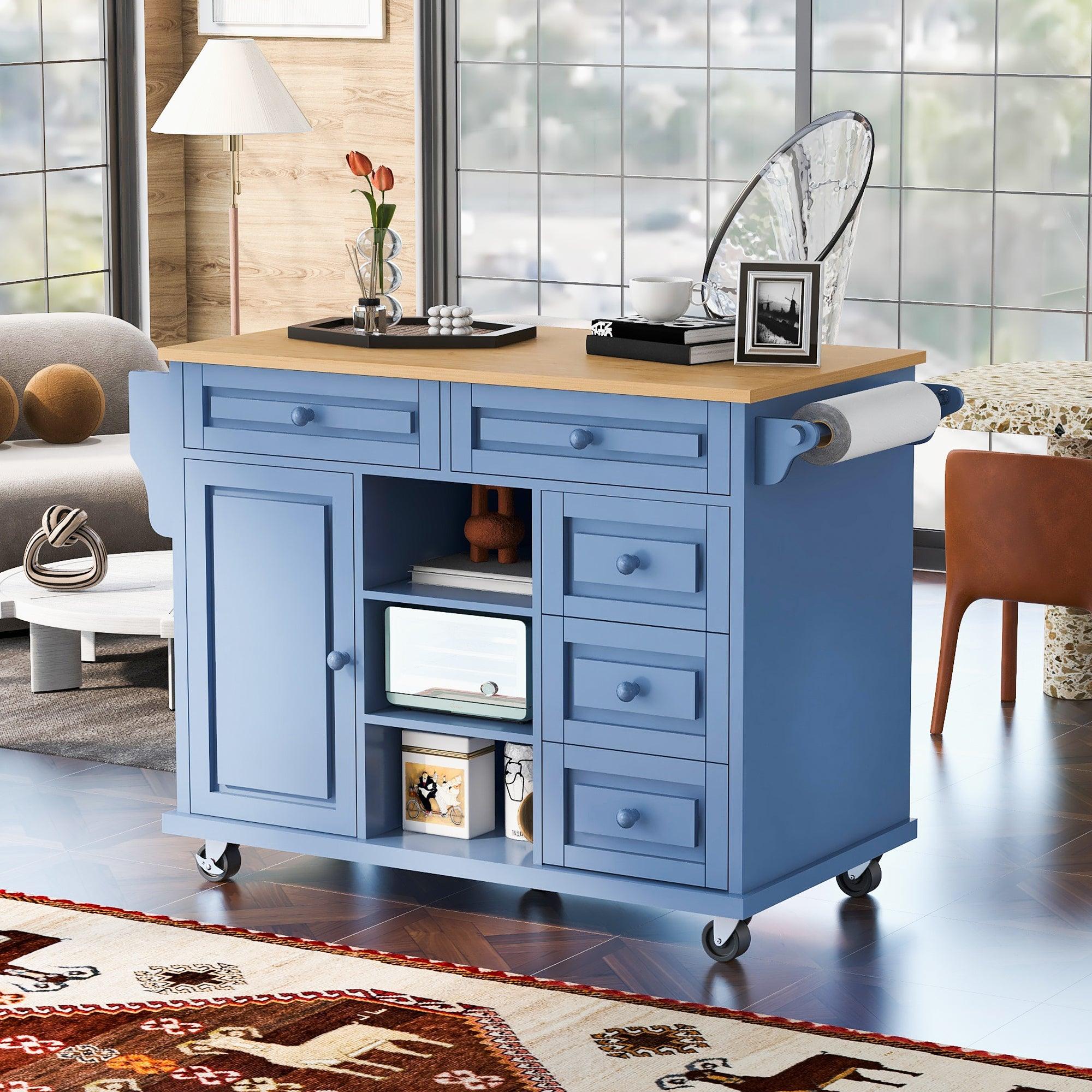 🆓🚛 Kitchen Cart With Rubber Wood Desktop Rolling Mobile Kitchen Island With Storage & 5 Draws 53 Inch Length (Blue)