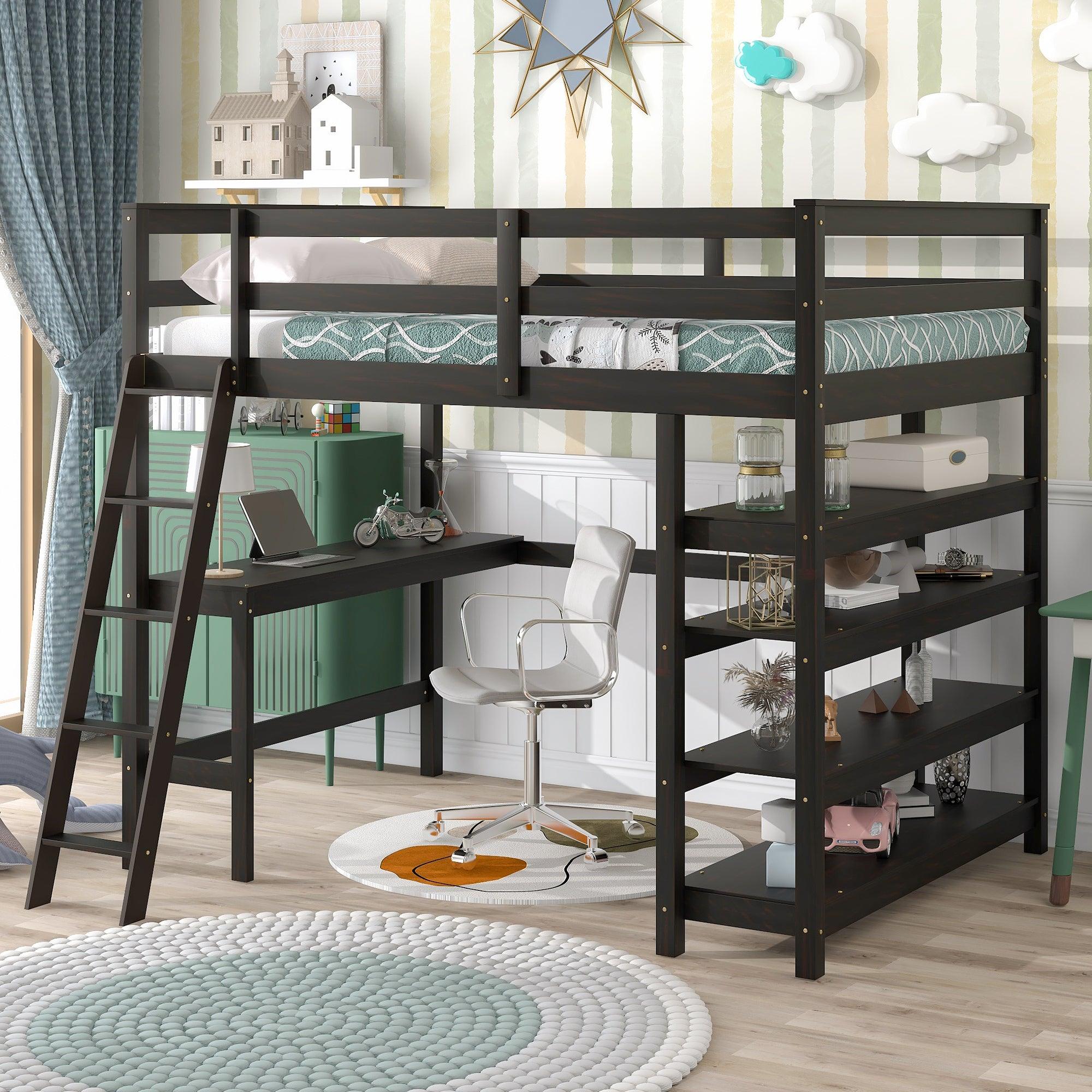 🆓🚛 Loft Bed Full With Desk, Ladder, Shelves, Espresso