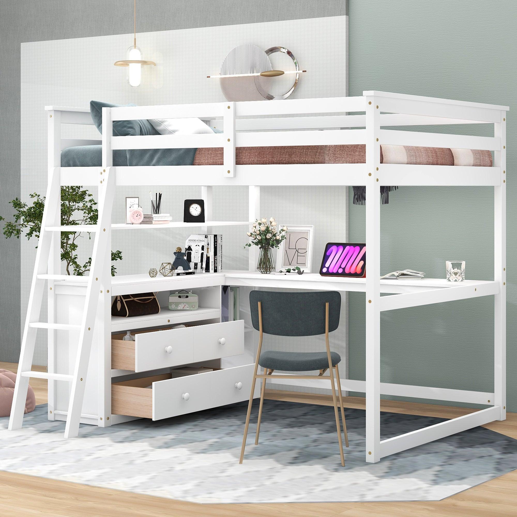 🆓🚛 Full Size Loft Bed With Desk & Shelves, Two Built-in Drawers, White