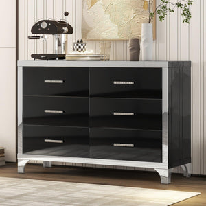 Elegant High Gloss Dresser with Metal Handle, Mirrored Storage Cabinet with 6 Drawers for Bedroom, Living Room, Black