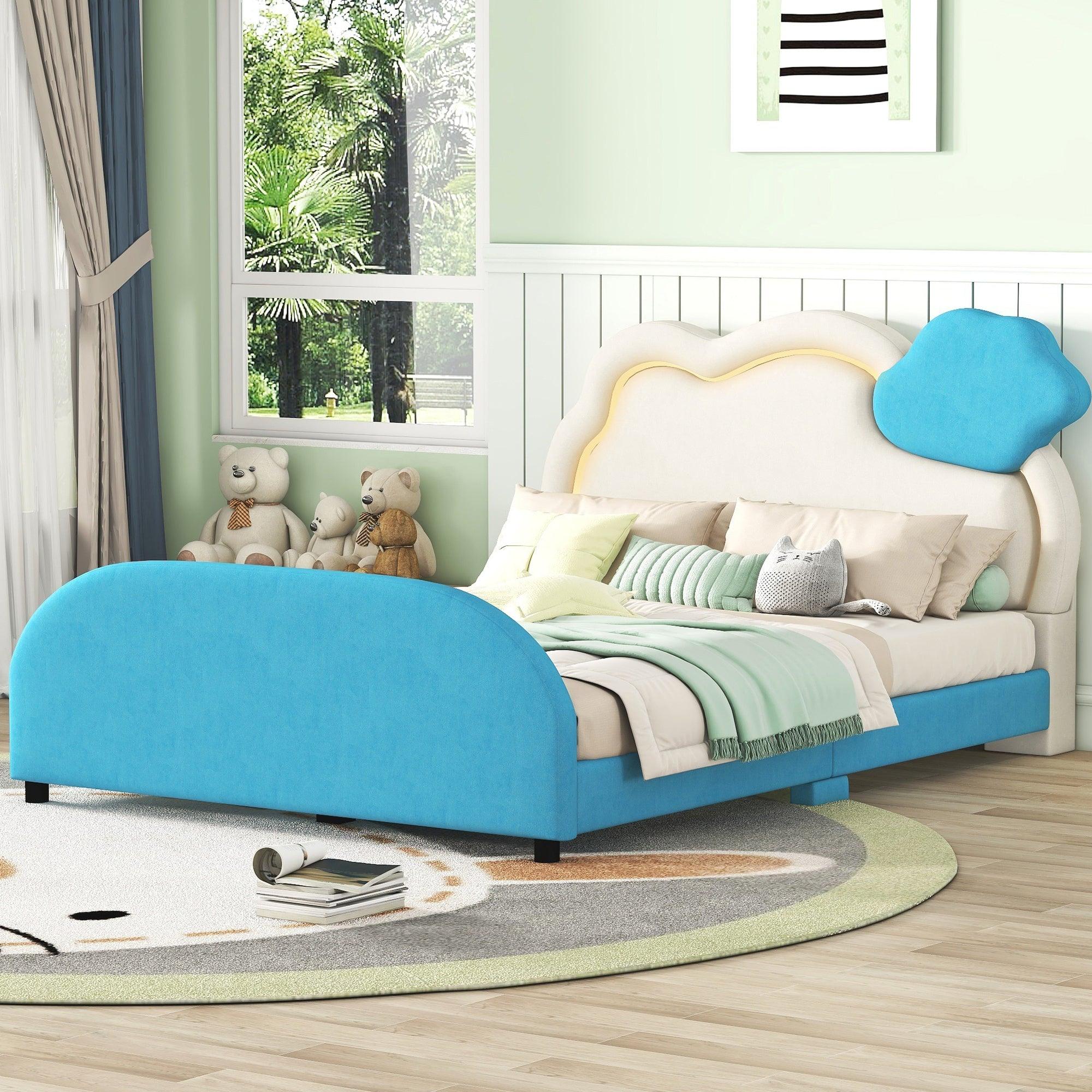 🆓🚛 Full Size Upholstered Platform Bed With Cloud-Shaped Headboard & Embedded Light Stripe, Velvet, Blue