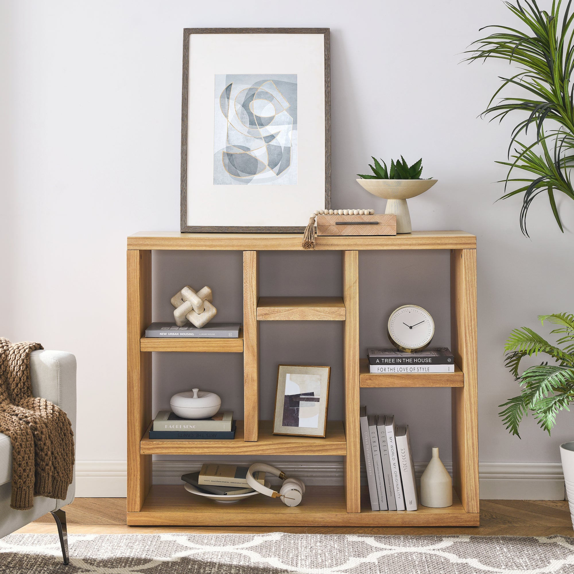 🆓🚛 Wooden Open Shelf Bookcase, Freestanding Display Storage Cabinet With 7 Cube Storage Spaces, Floor Standing Bookshelf, Natural