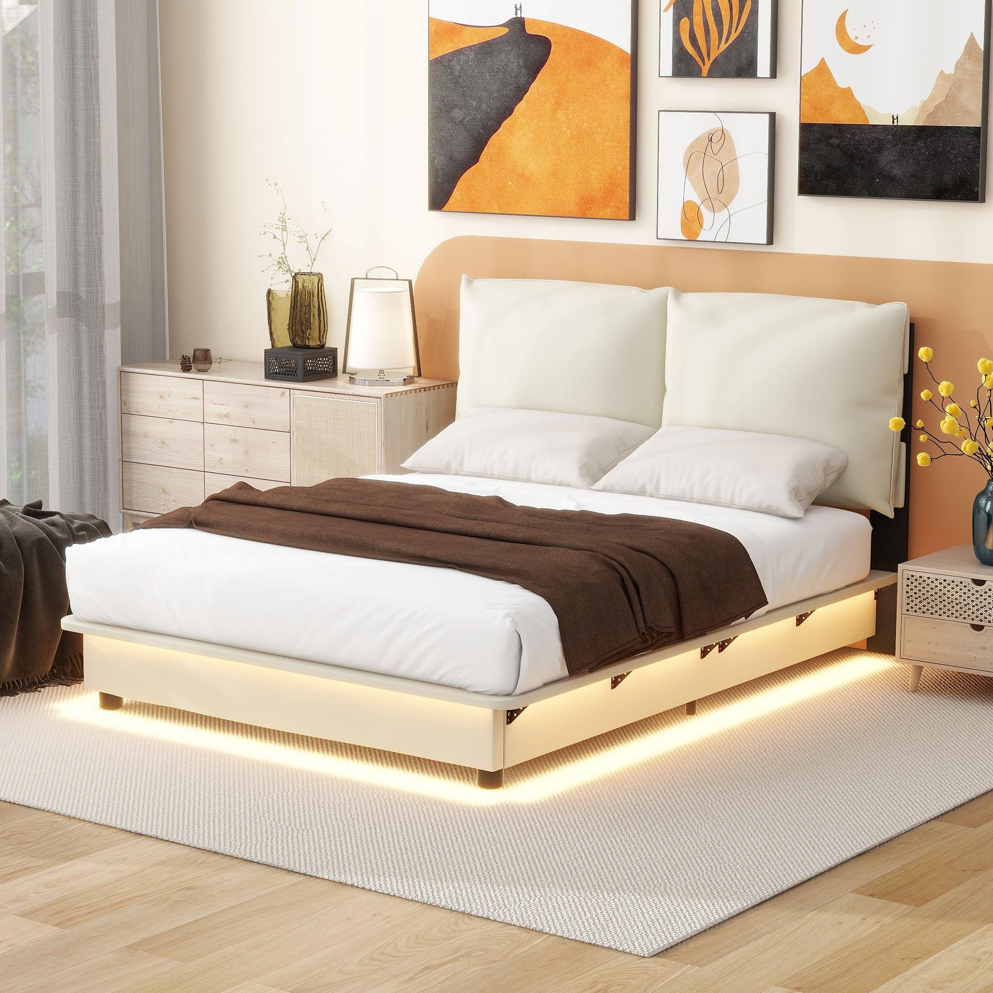 🆓🚛 Full Size Upholstered Platform Bed With Sensor Light & Ergonomic Design Backrests, White