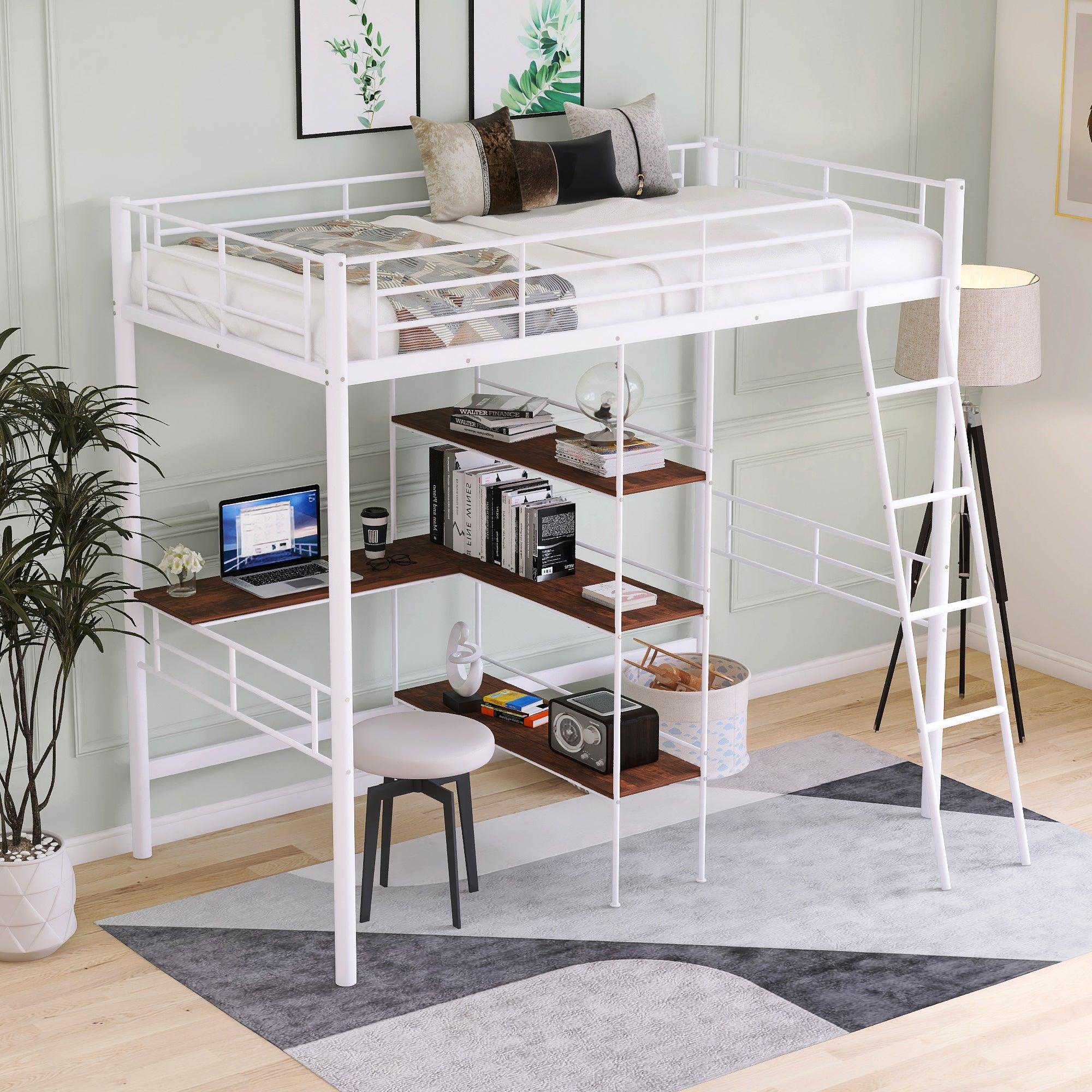 🆓🚛 Twin Size Metal Loft Bed & Built-in Desk & Shelves, White