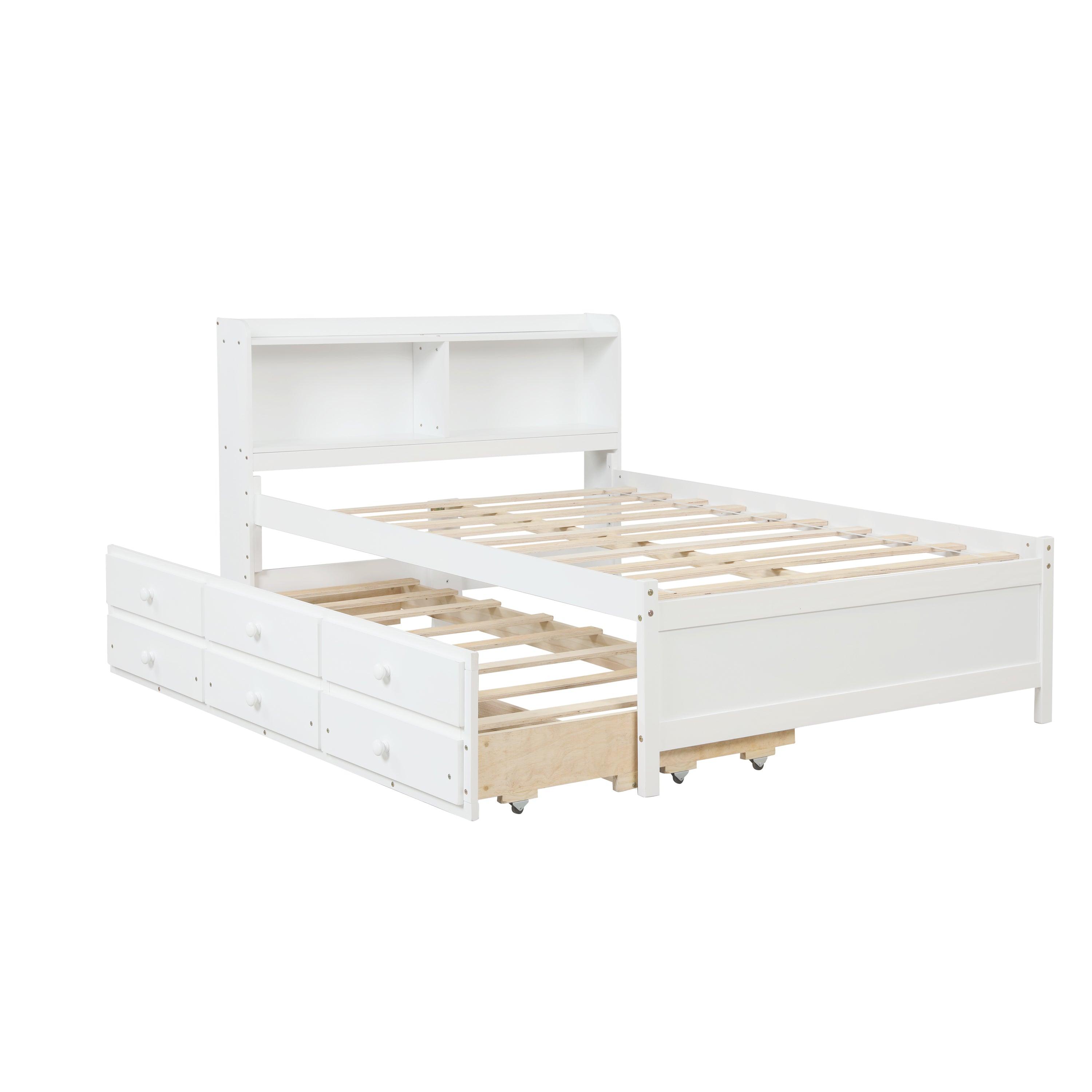 Full Bed With Bookcase, Twin Trundle & Drawers, White