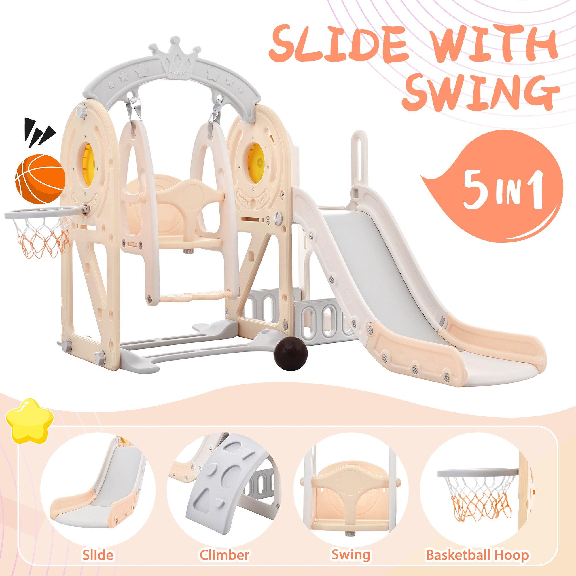 🆓🚛 Toddler Slide & Swing Set 5 in 1, Kids Playground Climber Slide Playset With Basketball Hoop Freestanding Combination for Babies Indoor & Outdoor, Beige
