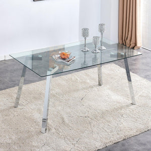 A Modern Minimalist Rectangular Glass Dining Table With Tempered Glass Tabletop And Silver Metal Legs, Suitable For Kitchens, Restaurants, And Living Rooms, 63"*35.4"*30"