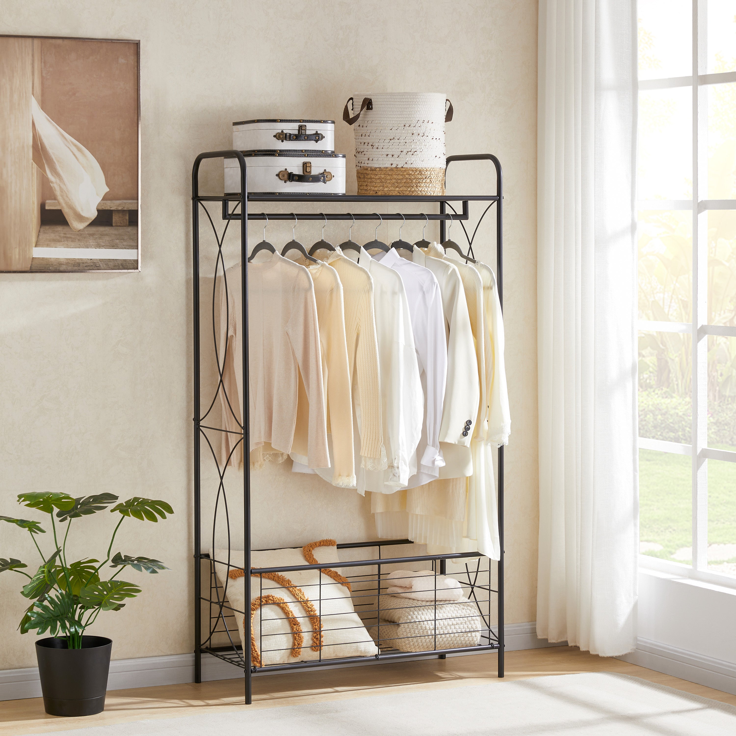 🆓🚛 Freestanding Garment Rack, Open-Style Wardrobe, Hanging Rail With Metal Basket, & Heavy-Duty Metal Clothes Rack, Bathroom Storage Shelves, Brown