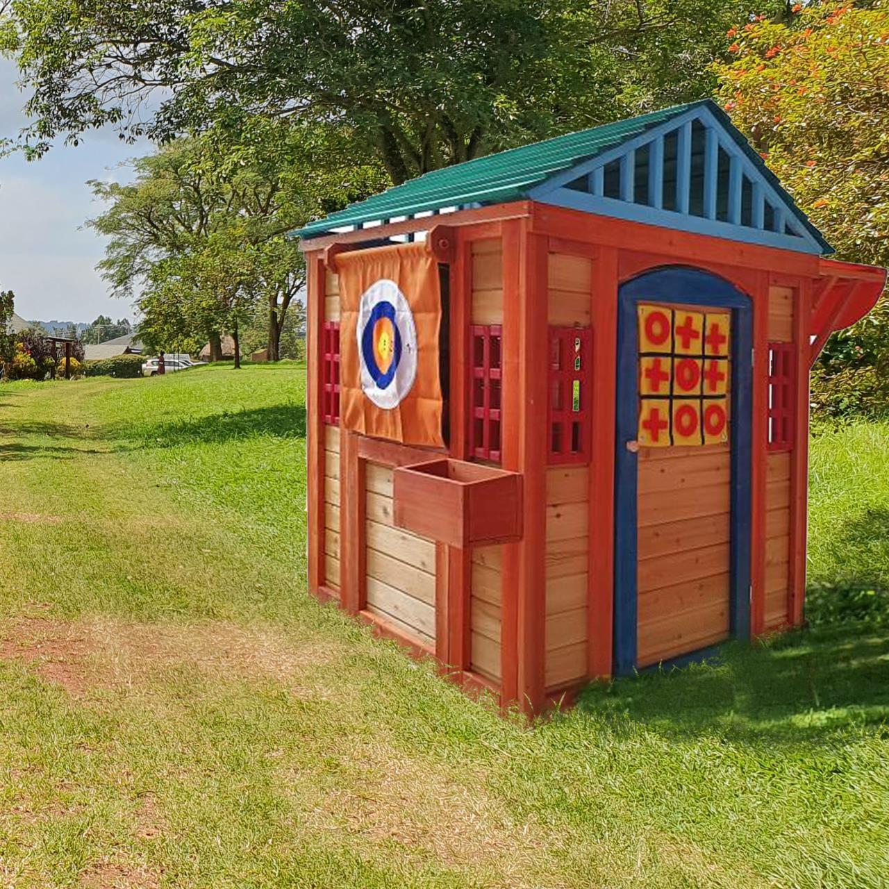 🆓🚛 Eco-Friendly Outdoor Wooden 4-In-1 Game House for Kids Garden Playhouse With Different Games On Every Surface, Solid Wood, 61.4"Lx45.98"Wx64.17"H, Red