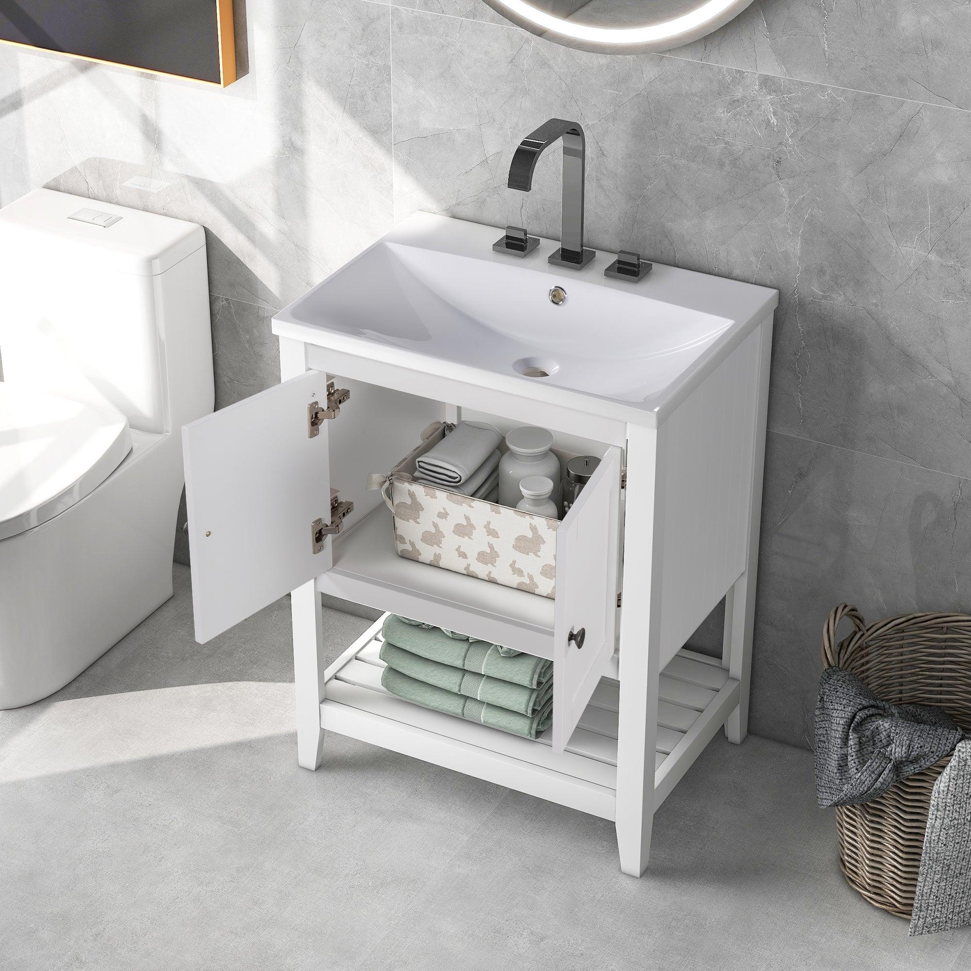 🆓🚛 24" White Modern Sleek Bathroom Vanity Elegant Ceramic Sink With Solid Wood Frame Open Style Shelf