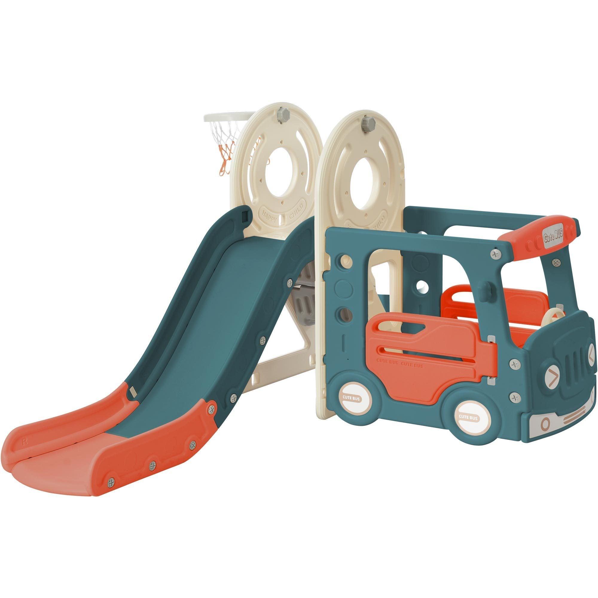 🆓🚛 Kids Slide With Bus Play Structure, Freestanding Bus Toy With Slide for Toddlers, Bus Slide Set With Basketball Hoop