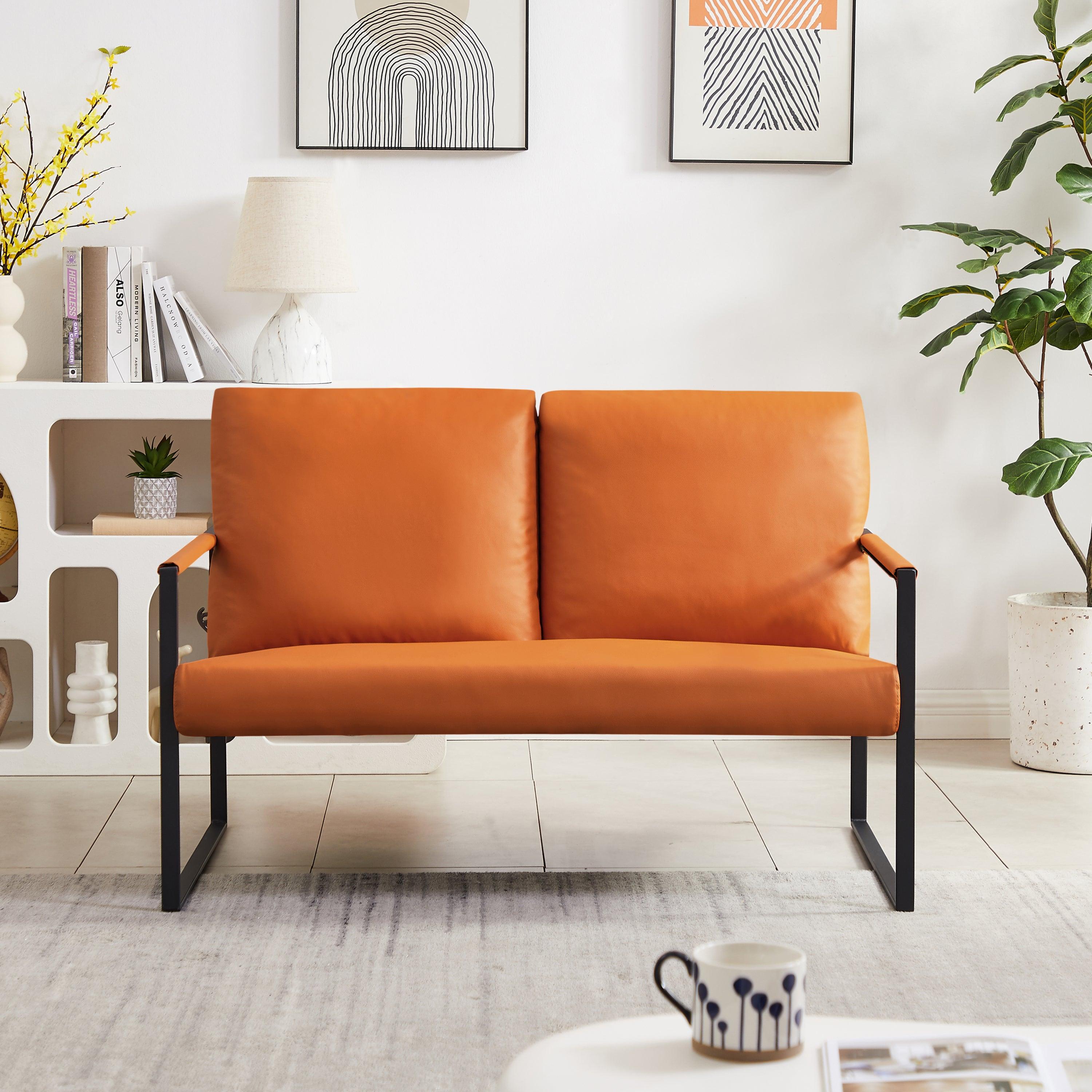 🆓🚛 Lounge, Living Room, Office Or The Reception Area Pvc Leather Accent Arm Chair With Extra Thick Padded Backrest & Seat Cushion Sofa Chairs, Non-Slip Adsorption Feet, Sturdy Metal Frame, Orange