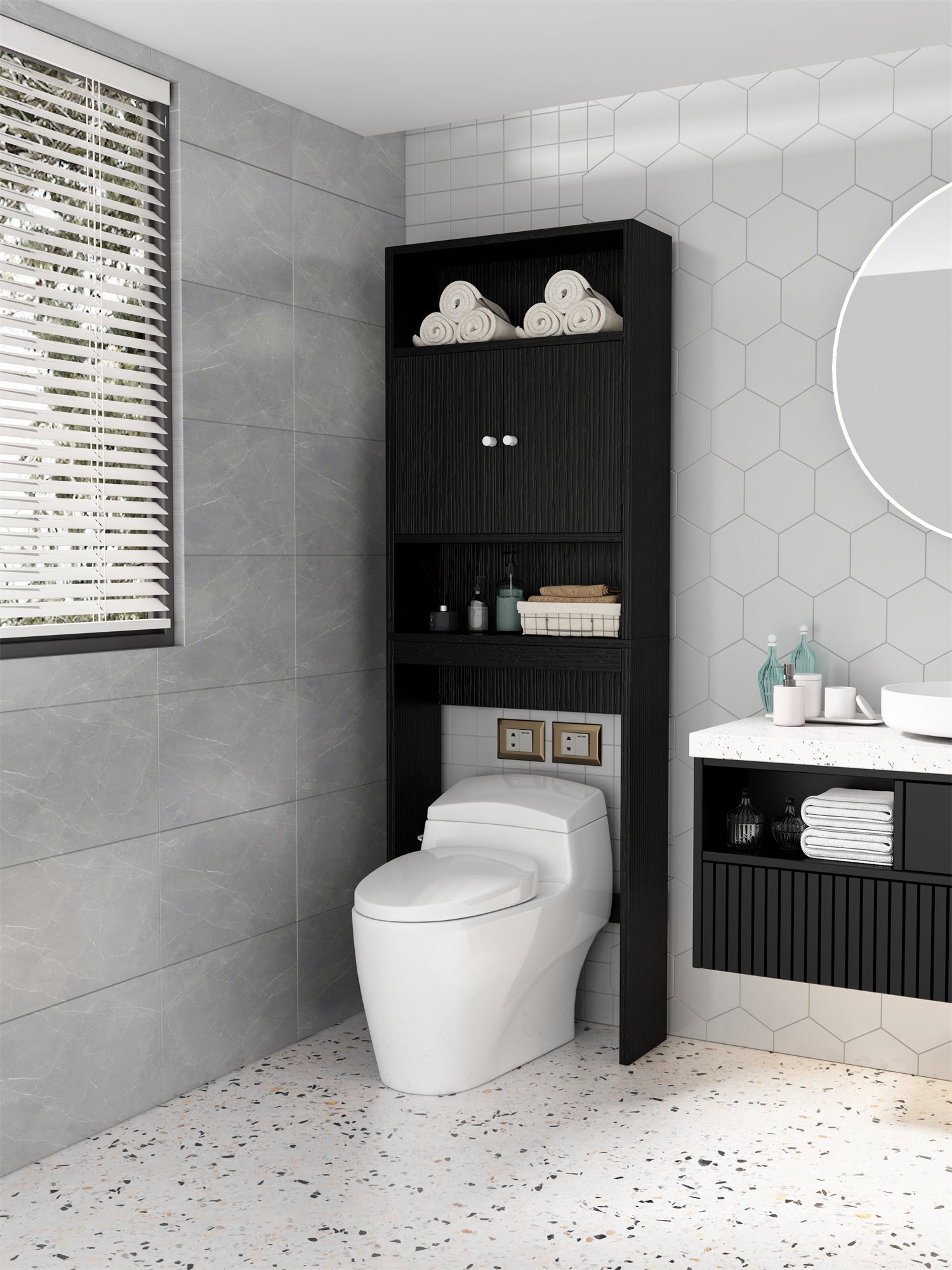 🆓🚛 Home Bathroom Shelf Over-The-Toilet, Bathroom Space saver, Bathroom, Toilet Storage Cabinet, Black