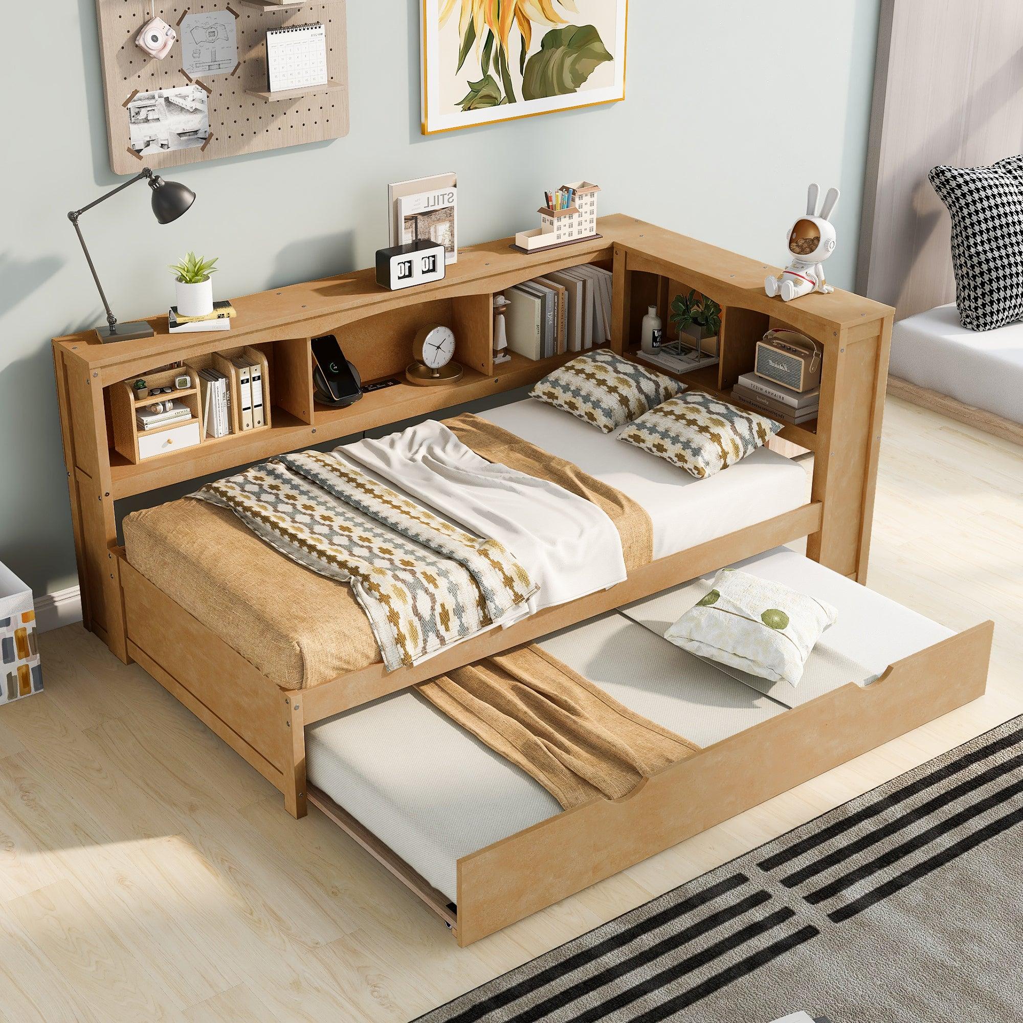 🆓🚛 Twin Size Daybed With Trundle, Storage Cabinets & Usb Ports, Wood Color