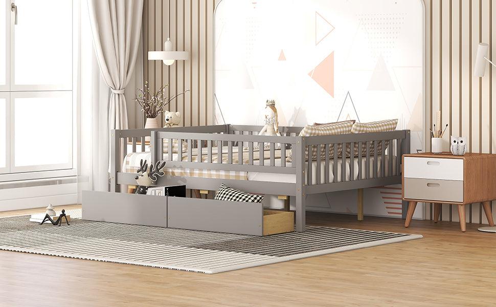 Full Size Daybed Wood Bed With Two Drawers, Gray