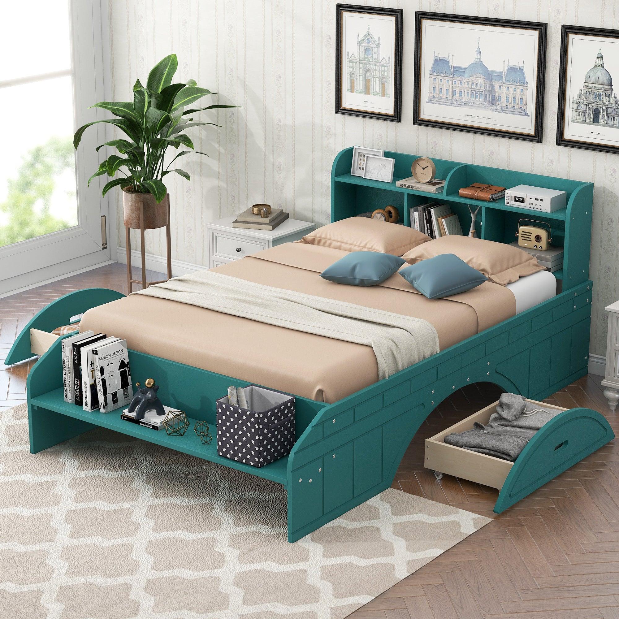 🆓🚛 Wood Full Size Platform Bed With 2 Drawers, Storage Headboard & Footboard, Dark Green