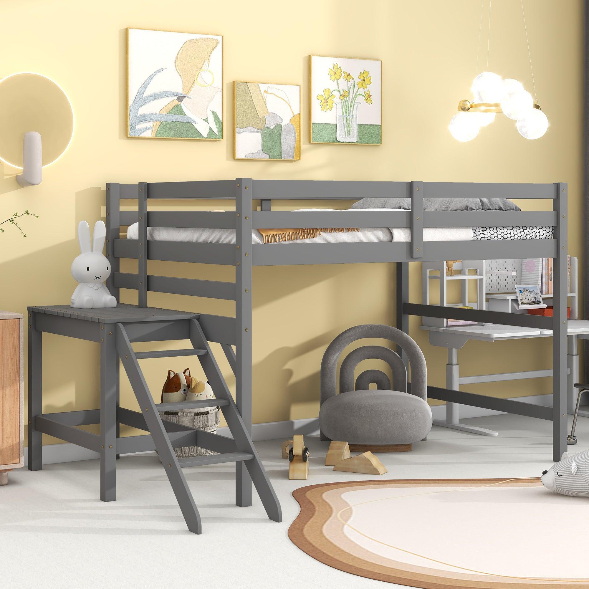 🆓🚛 Full Loft Bed With Platform, Ladder, Gray