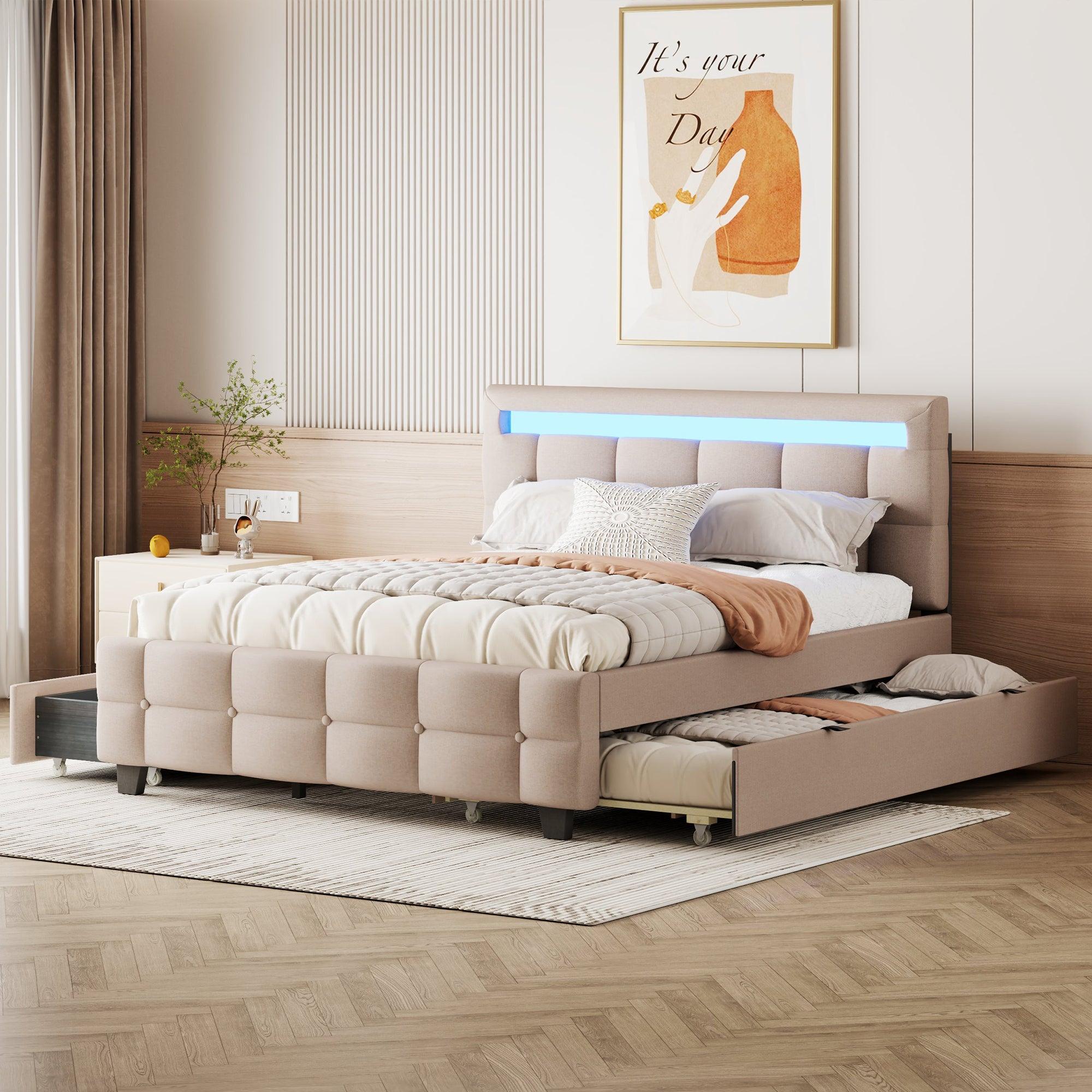 🆓🚛 Queen Size Upholstered Platform Bed With Led Frame, With Twin Xl Size Trundle & 2 Drawers, Linen Fabric, Beige