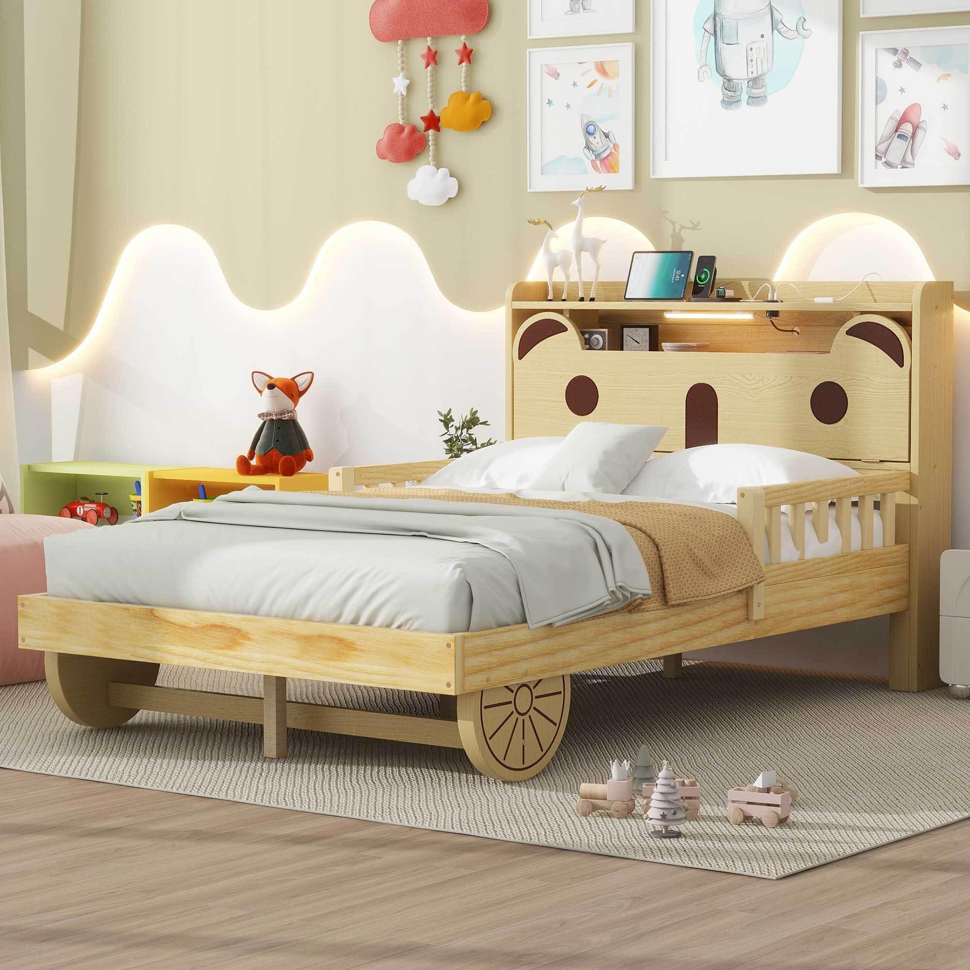 🆓🚛 Full Size Car Bed With Bear-Shaped Headboard, Usb & Led, Natural