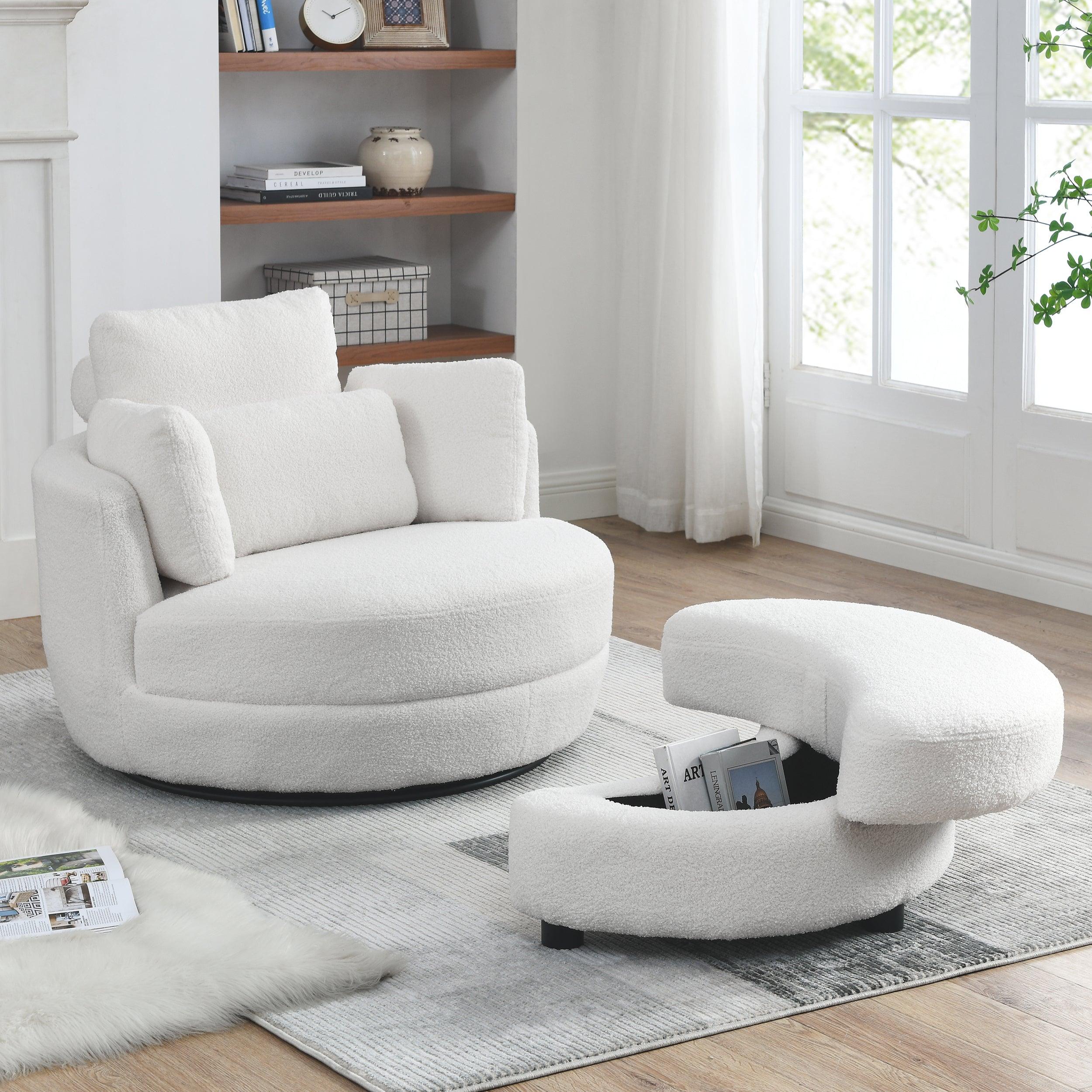 🆓🚛 39"W Oversized Teddy Fabric Swivel Chair With Moon Storage Ottoman for Living Room, 4 Pillows, White