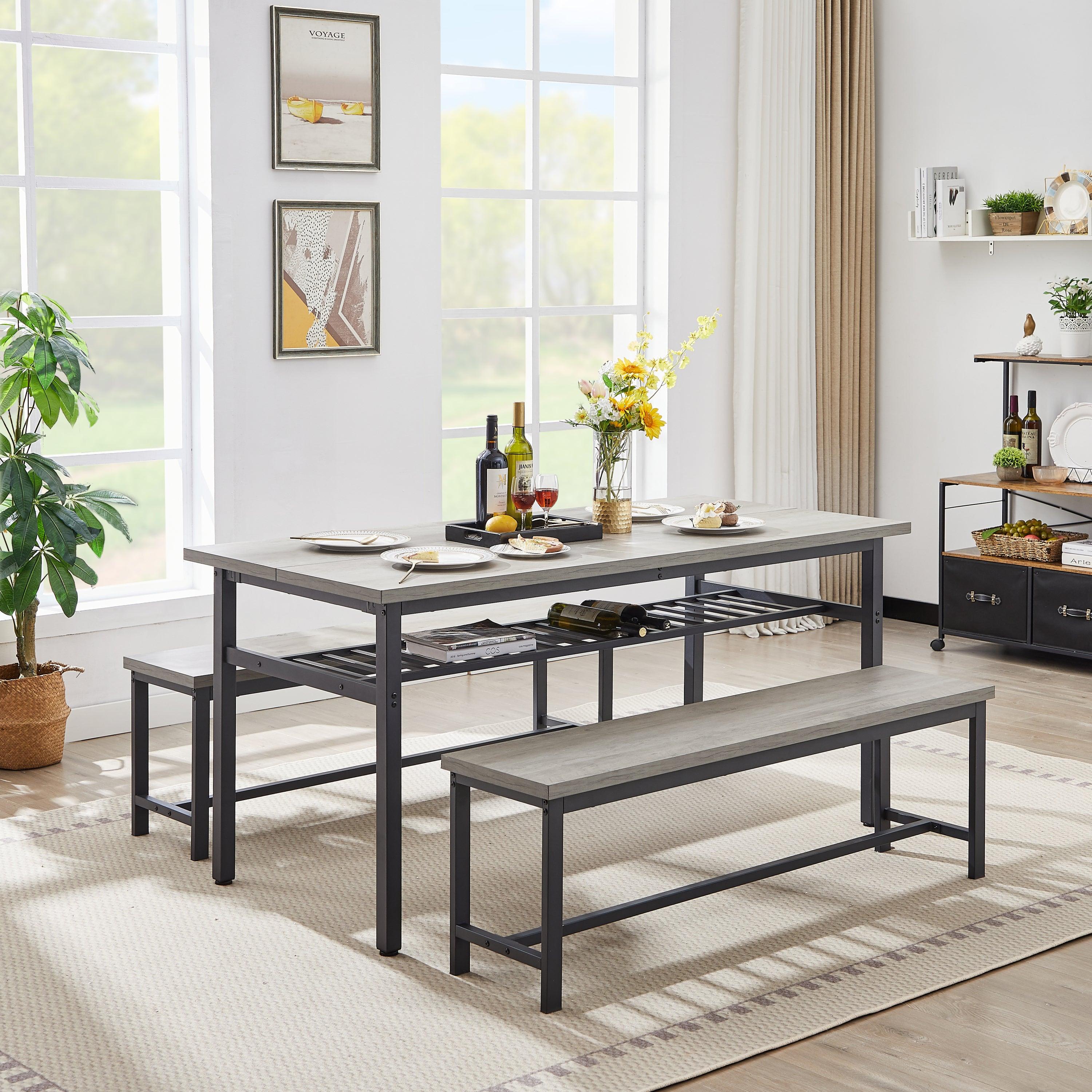 🆓🚛 Oversized Dining Table Set for 6, 3-Piece Kitchen Table With 2 Benches, Dining Room Table Set for Home Kitchen, Restaurant, Rustic Gray, 67'' L X 31.5'' W X 31.7'' H.