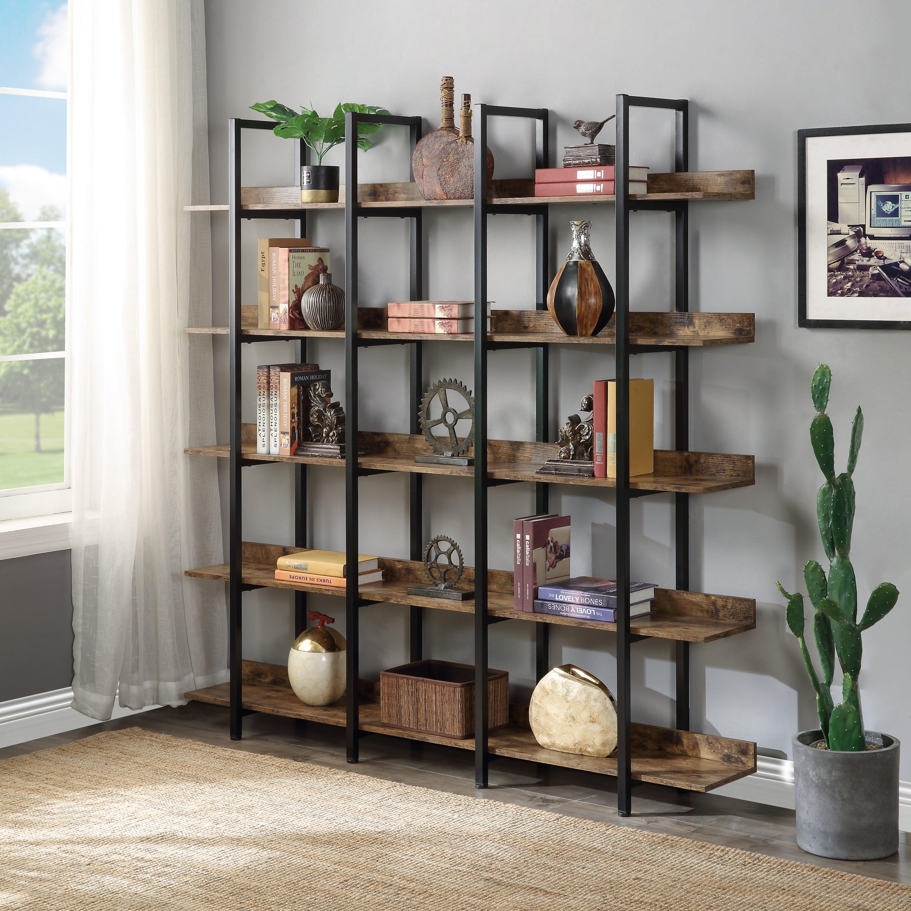 🆓🚛 5 Tier Bookcase Home Office Open Bookshelf, Vintage Industrial Style Shelf With Metal Frame, Brown