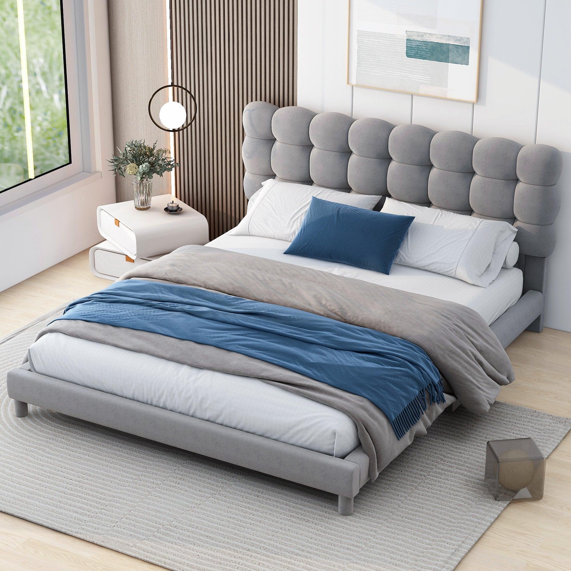 🆓🚛 Full Size Upholstered Platform Bed With Soft Headboard, Gray