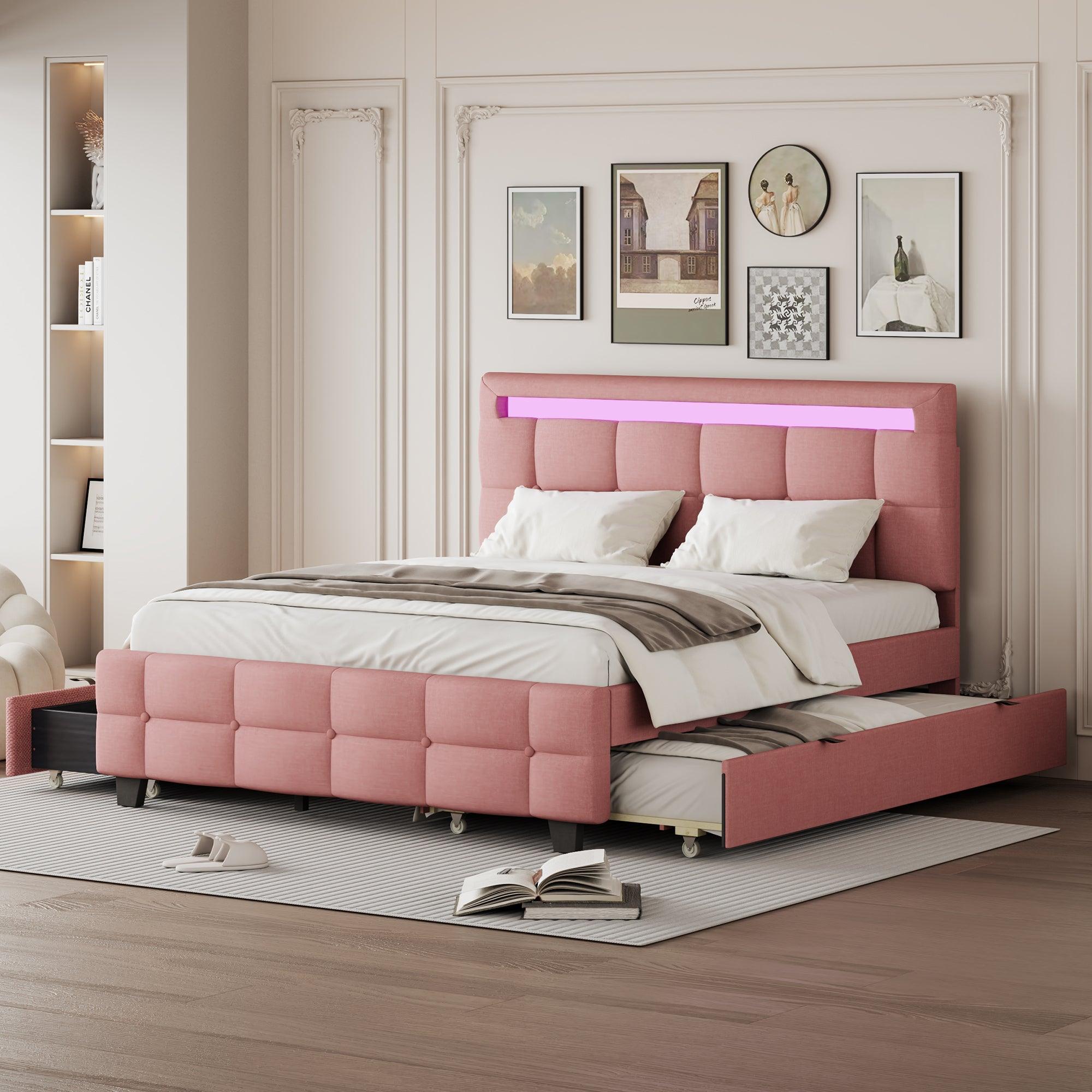 🆓🚛 Queen Size Upholstered Platform Bed With Led Frame, With Twin Xl Size Trundle & 2 Drawers, Linen Fabric, Pink