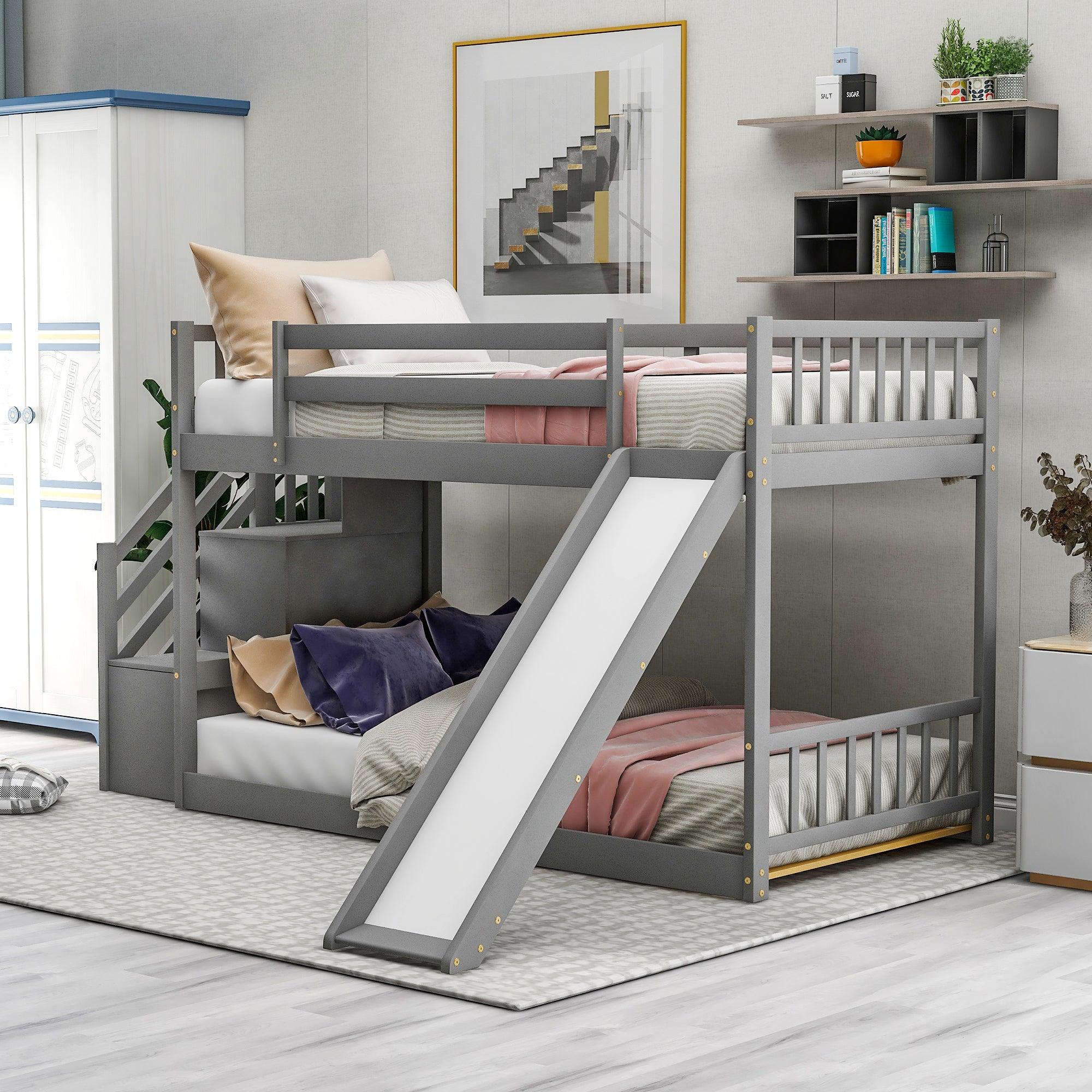 🆓🚛 Twin Over Twin Bunk Bed With Convertible Slide & Stairway, Gray
