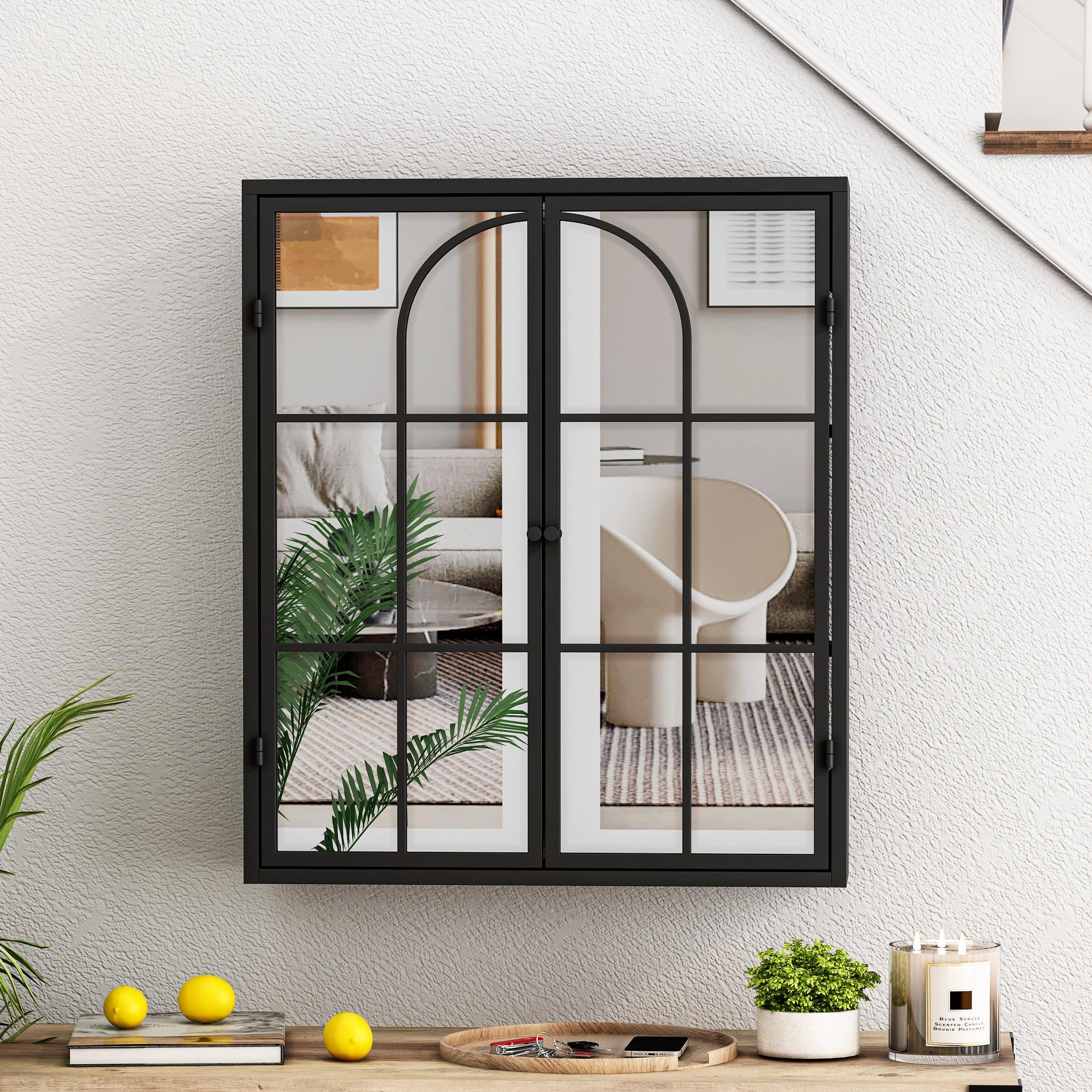 🆓🚛 23.62 "Vintage Two Door Wall Cabinet With Mirror, Three-Level Entrance Storage Space for Living Room, Bathroom, Dining Room, Black