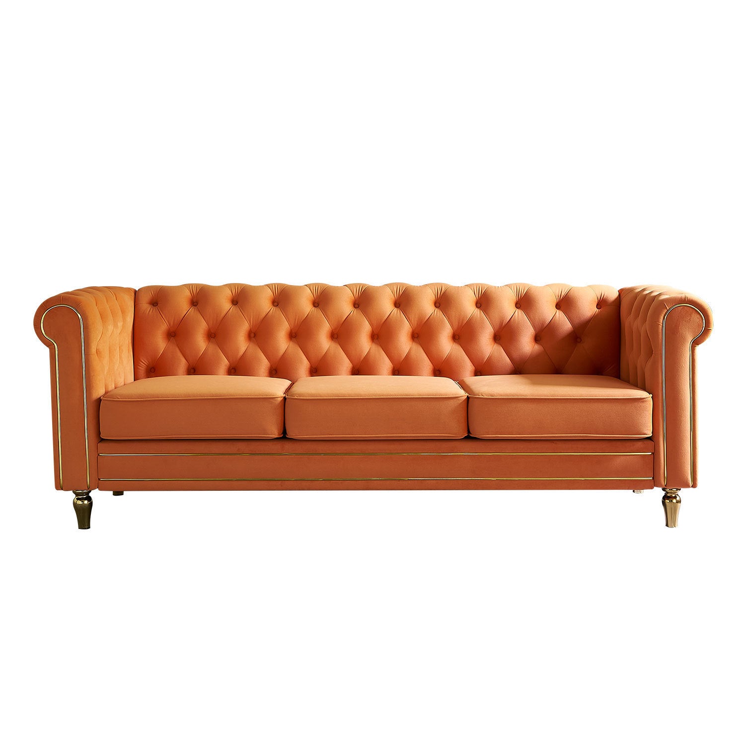 🆓🚛 84.65" Chesterfield Velvet Sofa for Living Room, Orange
