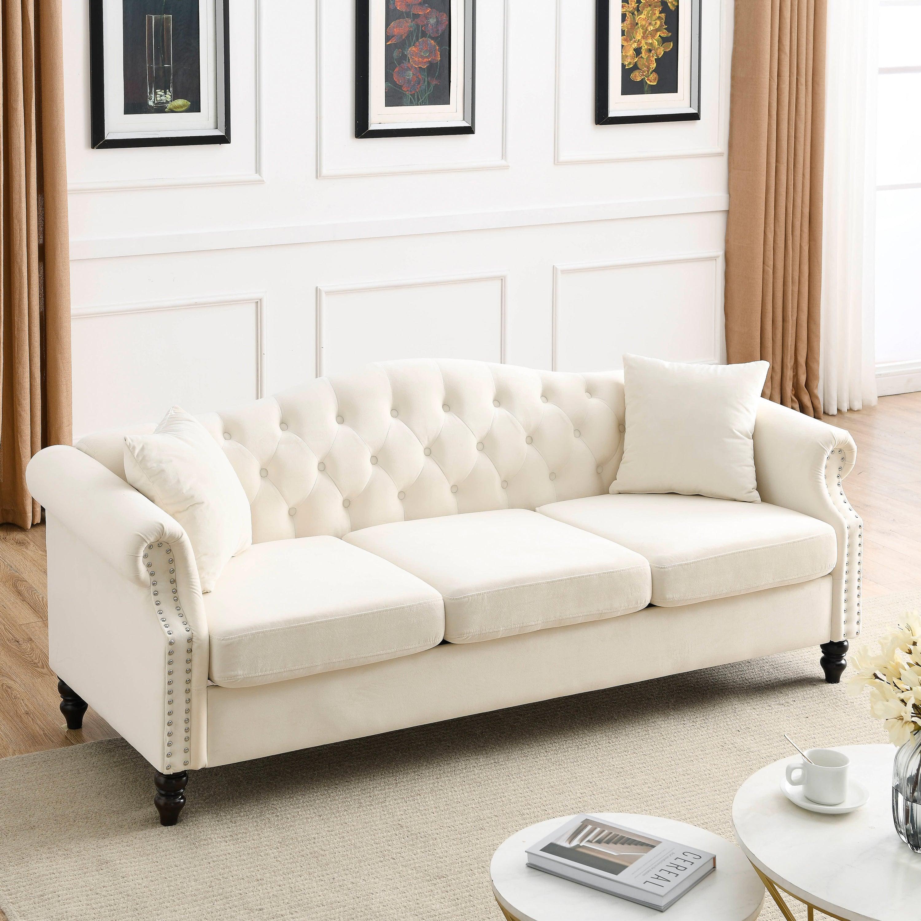 79" Chesterfield Sofa Beige Velvet For Living Room, 3 Seater Sofa Tufted Couch With Rolled Arms And Nailhead For Living Room, Bedroom, Office, Apartment, Two Pillows