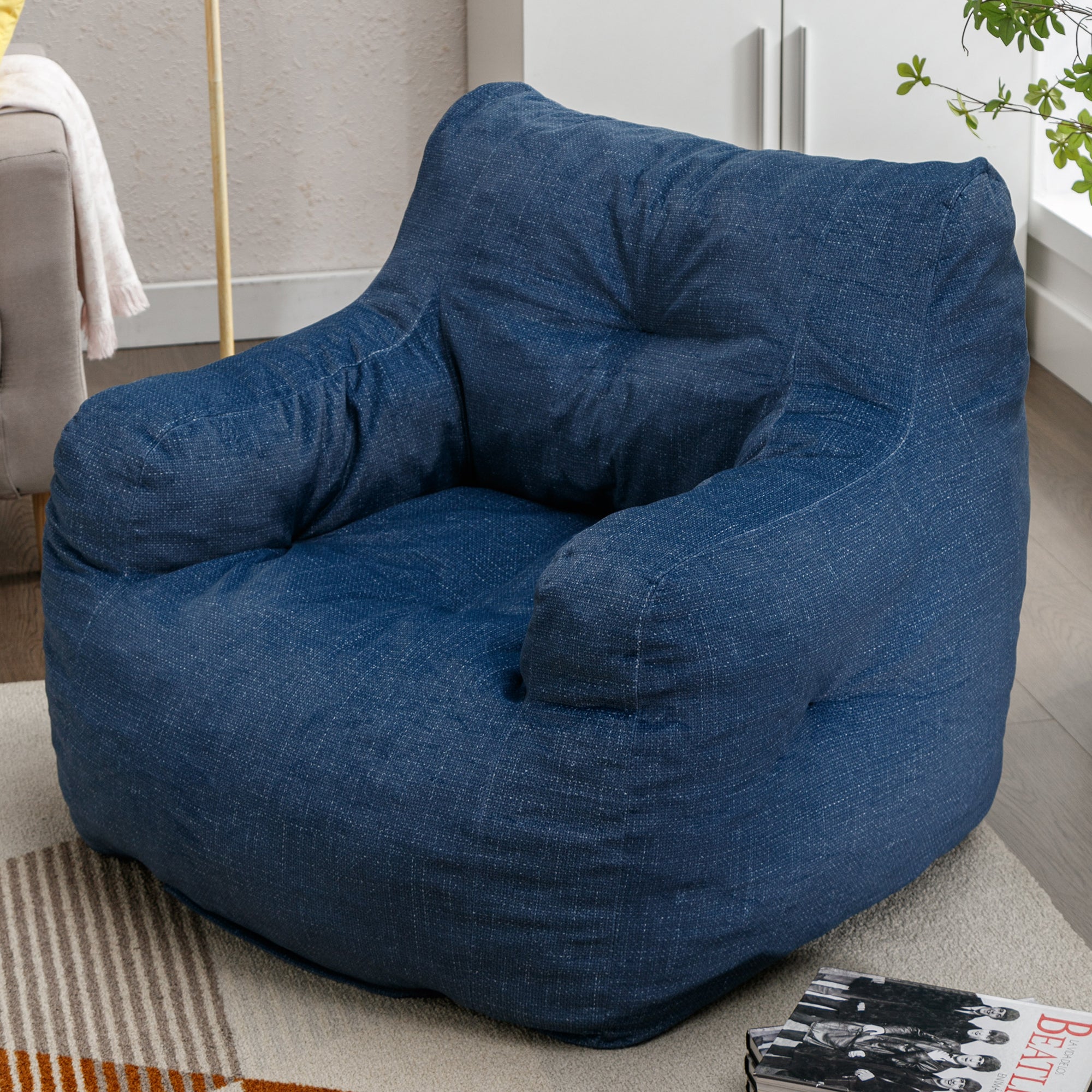 🆓🚛 Soft Cotton Linen Fabric Bean Bag Chair Filled With Memory Sponge, Blue