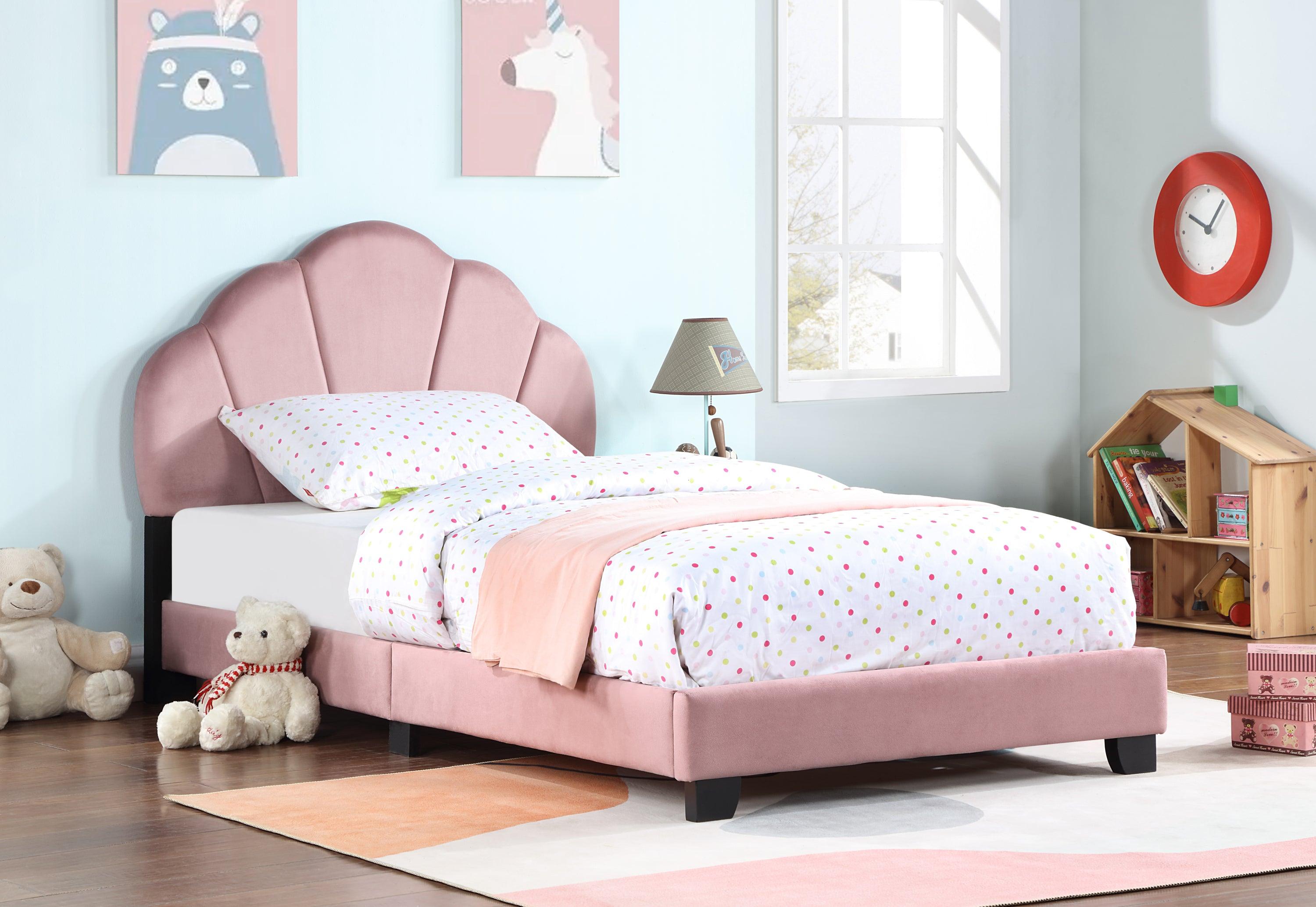 🆓🚛 Upholstered Twin Size Platform Bed for Kids, With Slatted Bed Base, No Box Spring Needed, Pink Color, Shell Design