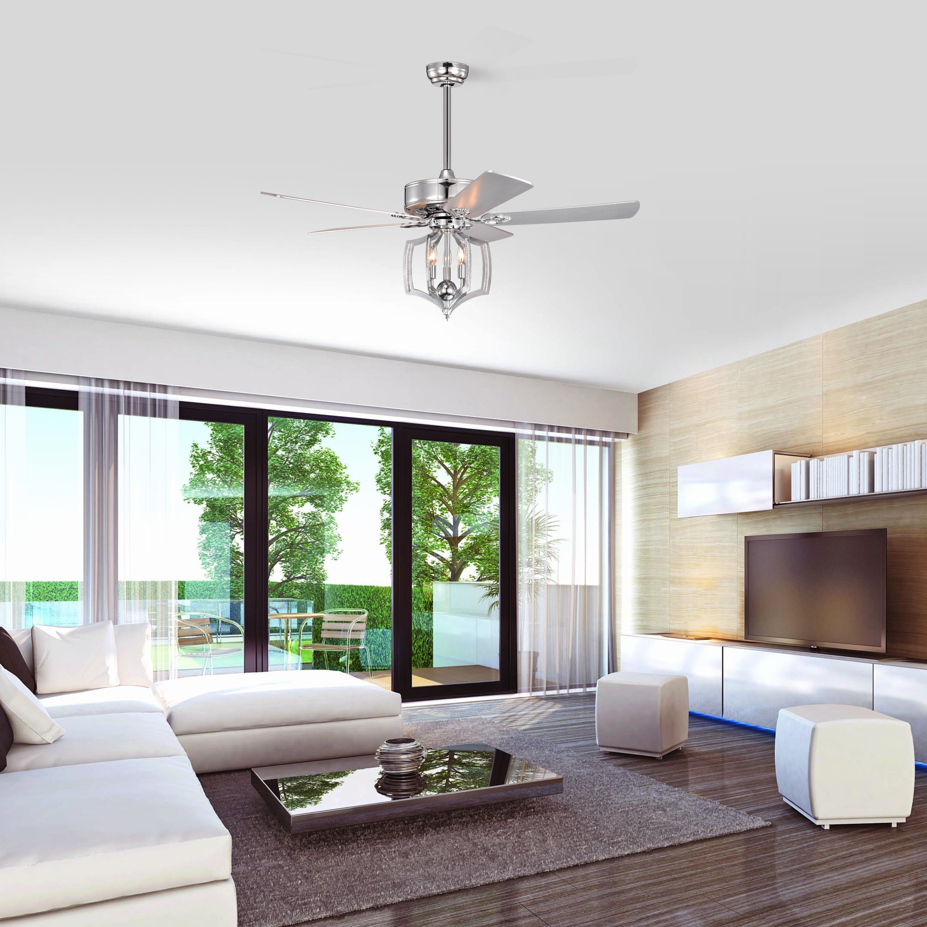 🆓🚛 52" Ceiling Fan, Crystal Chandelier, Lights, Remote Control, Reversible Motor, Timer, Polished Chrome