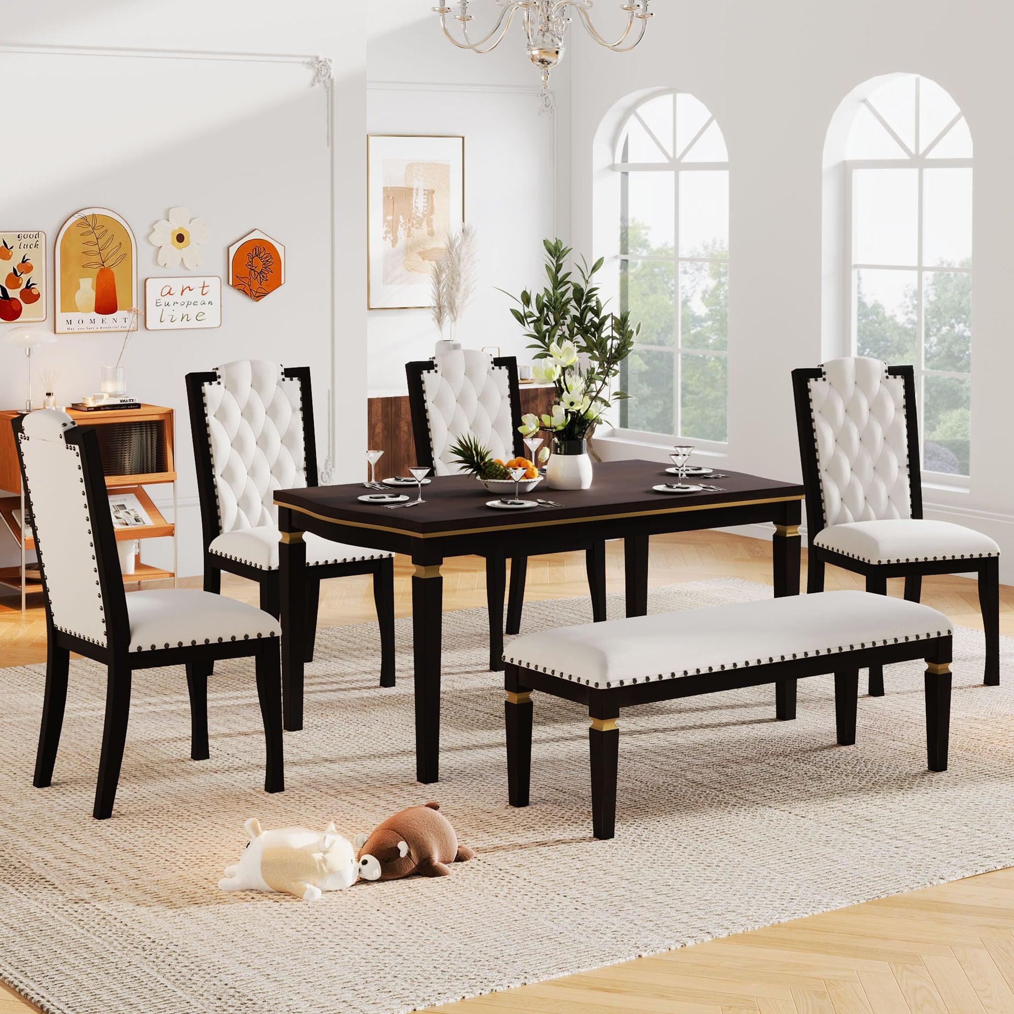 🆓🚛 6-Piece Kitchen Dining Table Set, 62.7" Rectangular Table & 4 High-Back Tufted Chairs & 1 Bench for Dining Room & Kitchen (Espresso)