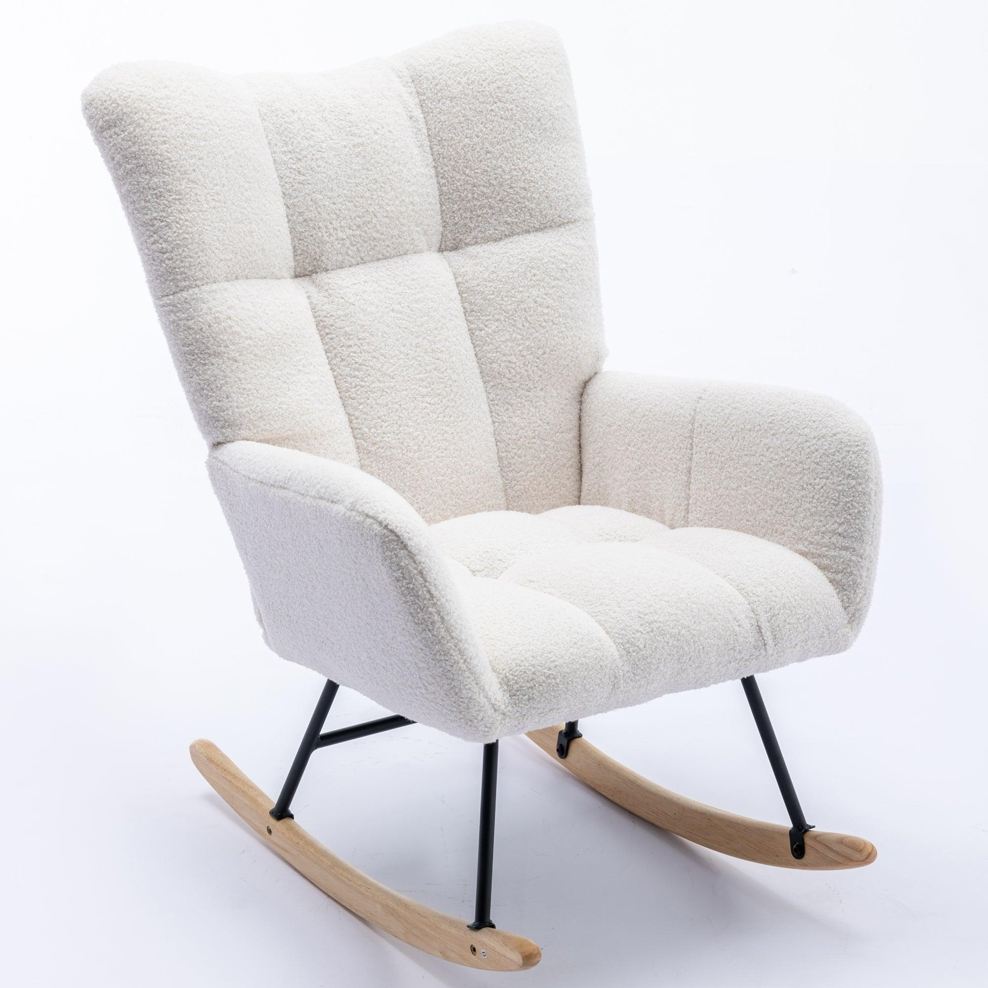 🆓🚛 Rocking Chair, Soft Teddy Velvet Fabric Rocking Chair for Nursery, Comfy Wingback Glider Rocker With Safe Solid Wood Base for Living Room Bedroom Balcony (White)