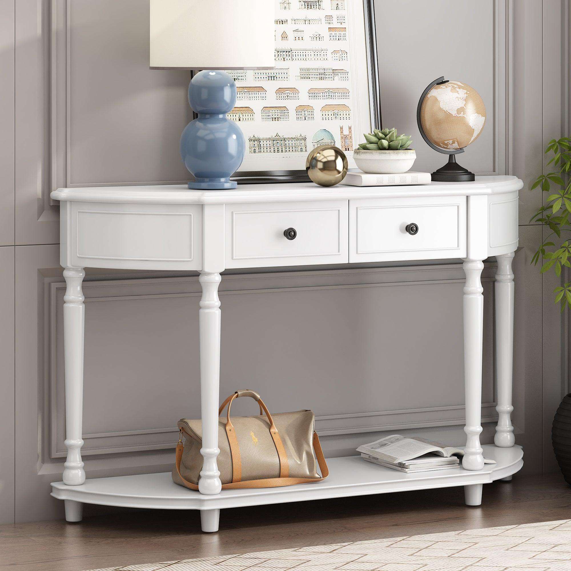 🆓🚛 Retro Circular Curved Design Console Table With Open Style Shelf Solid Wooden Frame & Legs Two Top Drawers, White