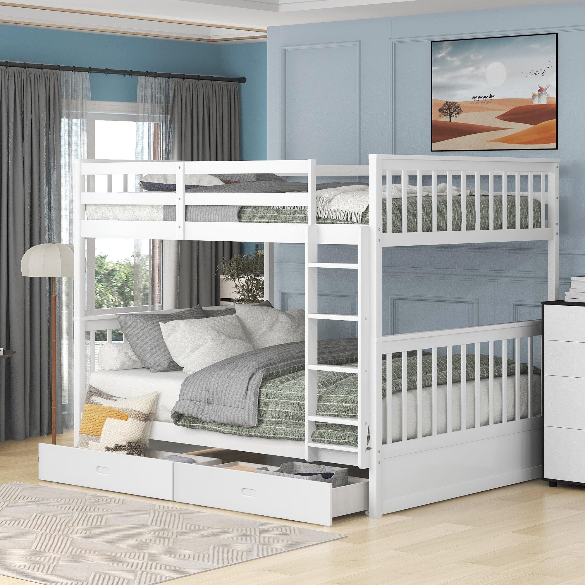 Full-Over-Full Bunk Bed with Ladders and Two Storage Drawers (White)