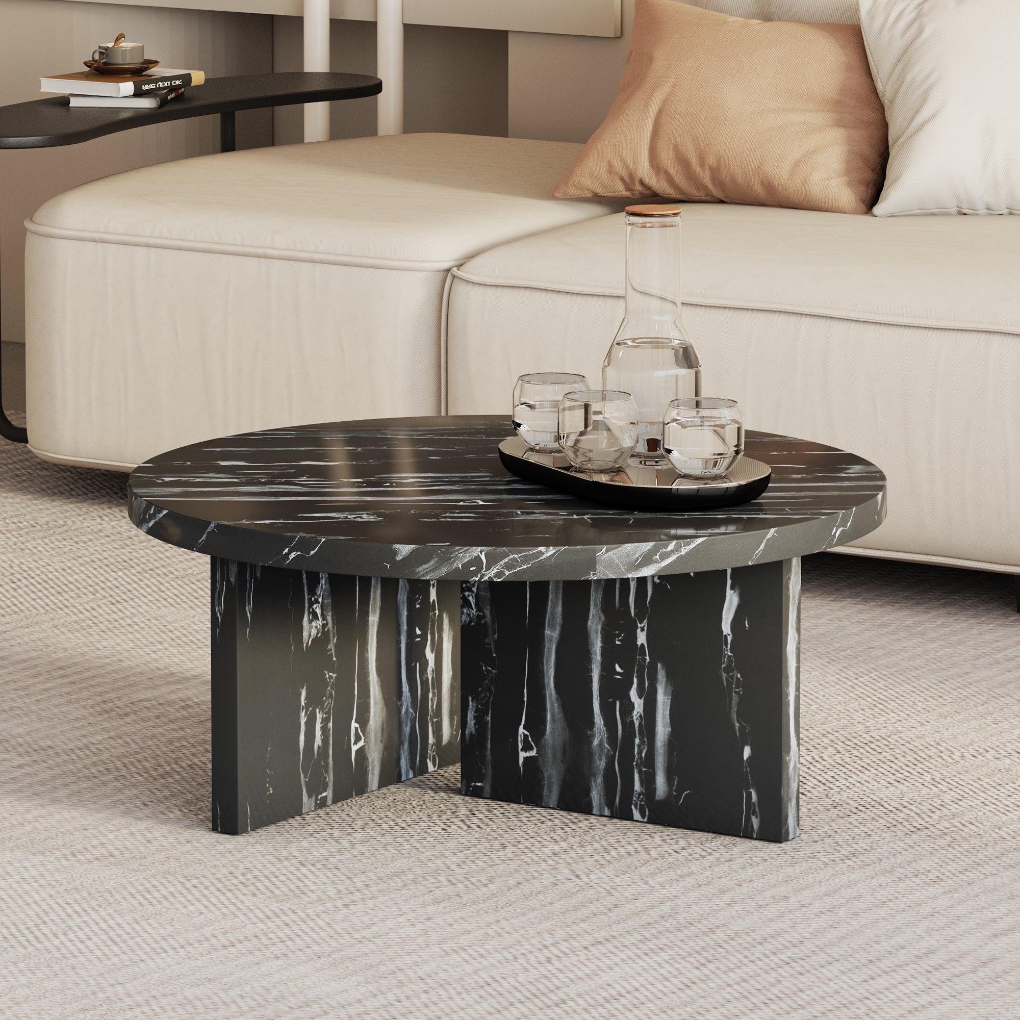 🆓🚛 Circular Coffee Table With Texture, 31.4", Modern Tea Table, Suitable for Small Spaces, Living Room, Black