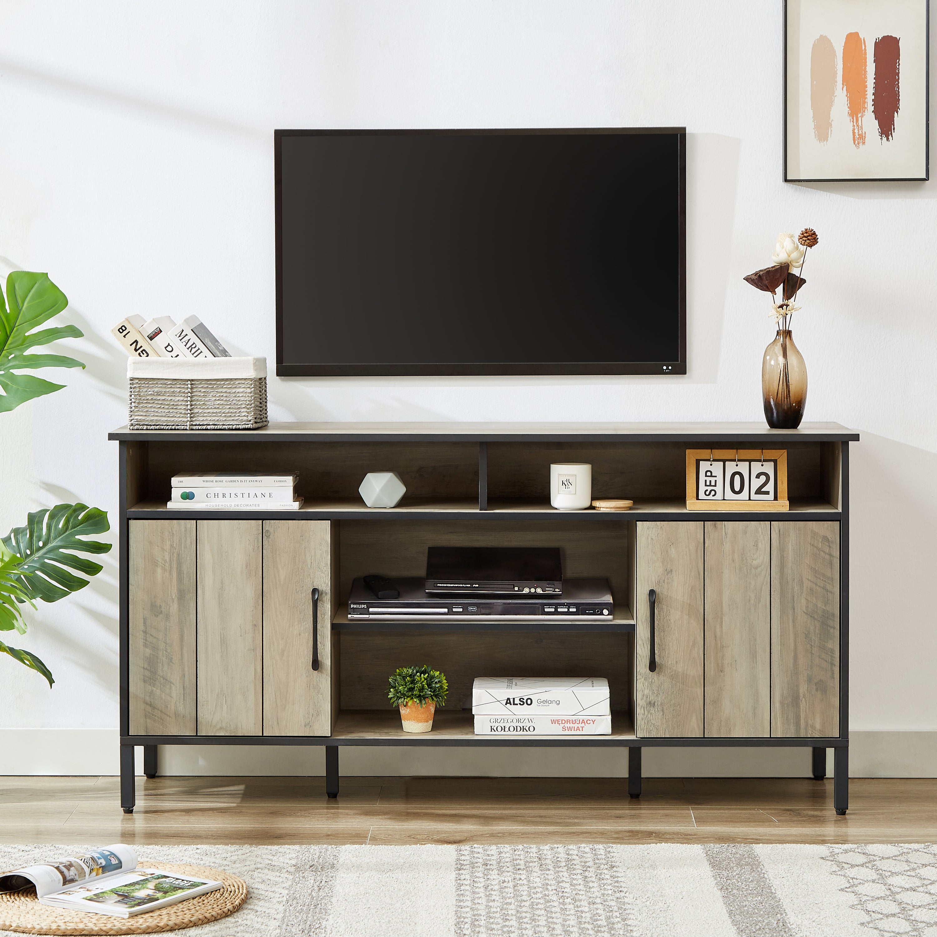 🆓🚛 58" Tv Stand and Media Entertainment Center Console With Up To 65" Tv, Open Shelving and Two Storage Cabinets, Six Support Legs With Adjustable Feet, Rustic, Gray, 58" X 15.7" X 29.7"