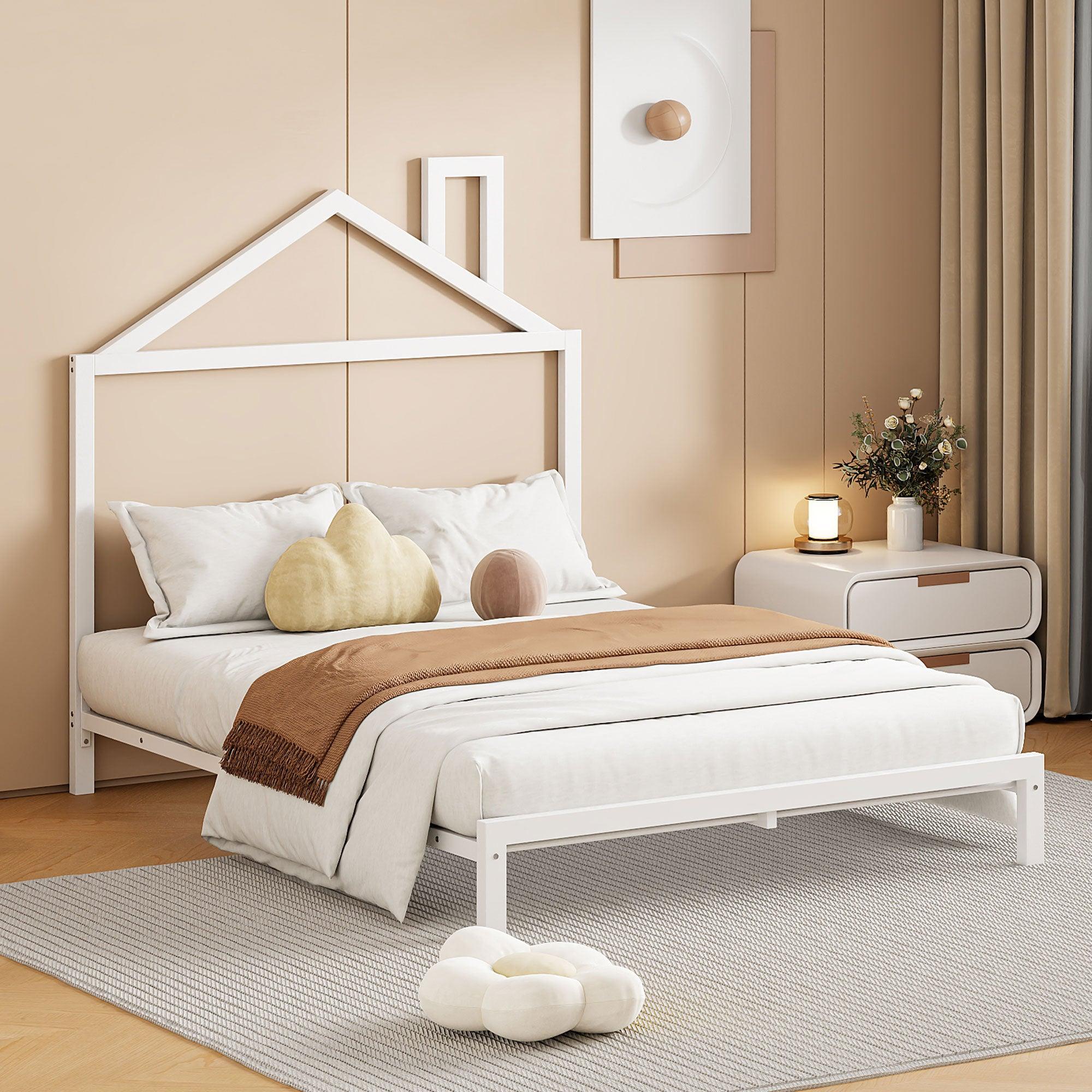 🆓🚛 Full Size Metal Platform Bed With House-Shaped Headboard Design, White