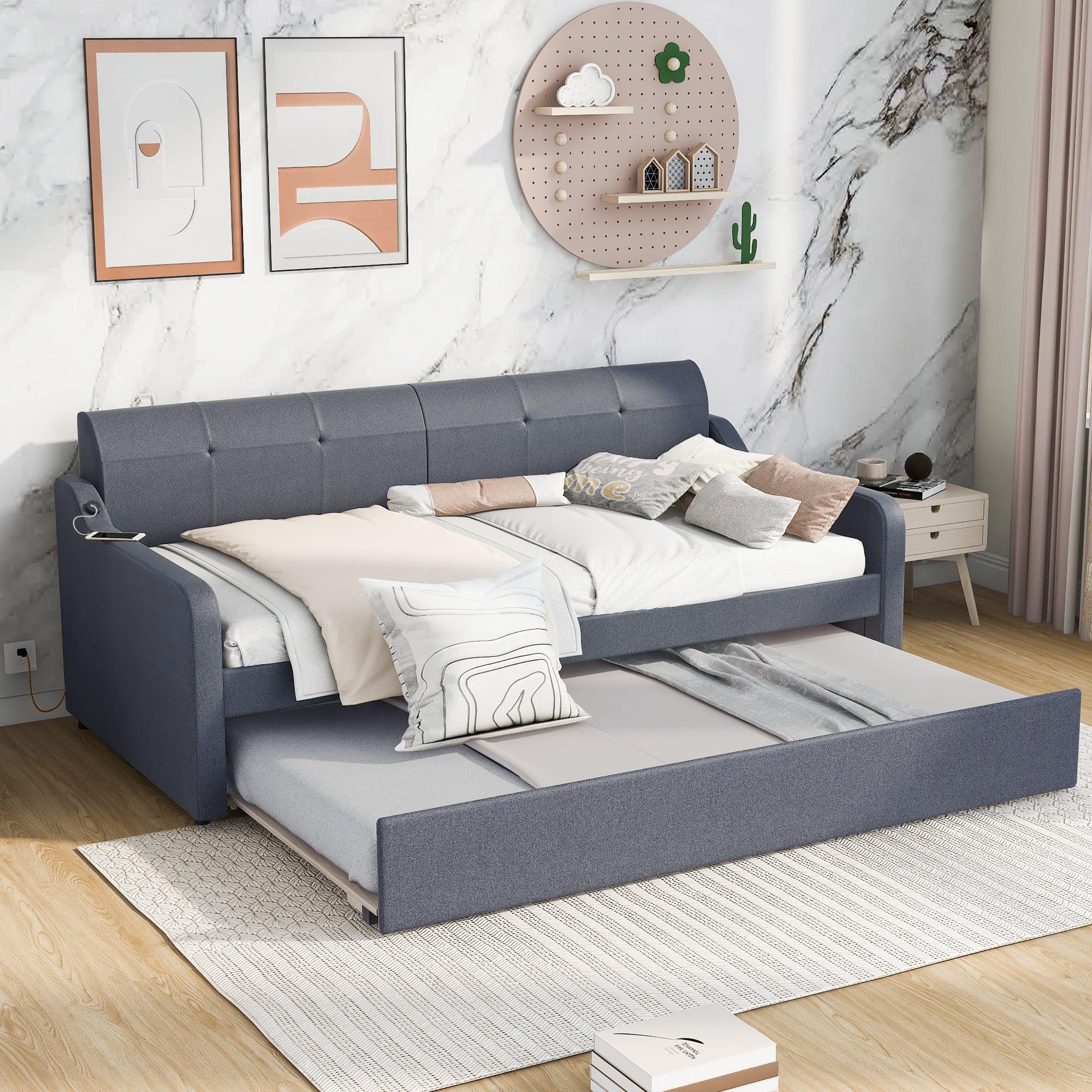 🆓🚛 Twin Size Upholstery Daybed With Trundle & Usb Charging Design, Trundle Can Be Flat Or Erected, Gray