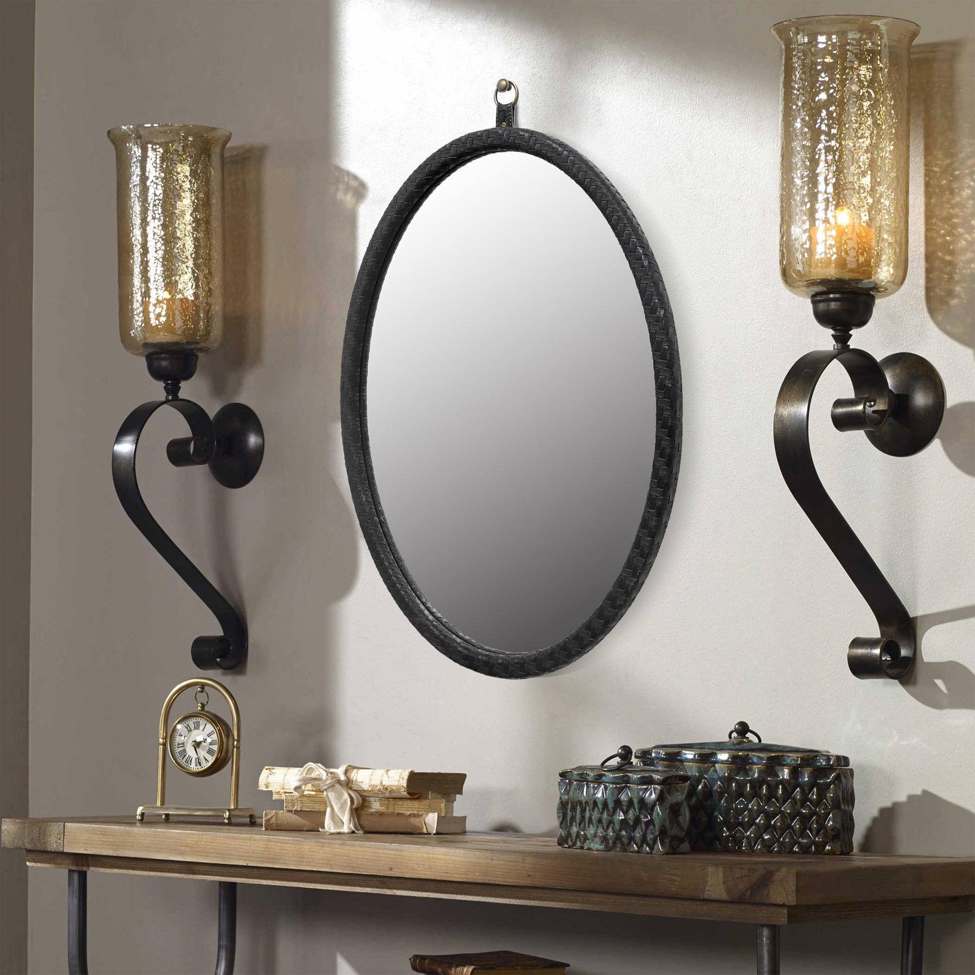 🆓🚛 Oval Black Woven Grain Decorative Wall Hanging Mirror, Pu Covered Mdf Framed Mirror for Bedroom Living Room Vanity Entryway Wall Decor, 23.62X29.92"