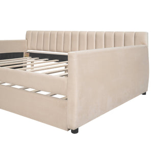 Full Size Upholstered Daybed With Trundle And Wood Slat Support, Beige