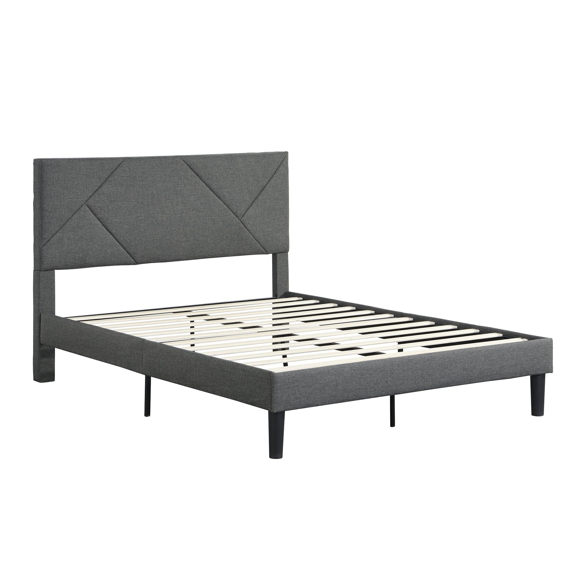 🆓🚛 Queen Size Upholstered Platform Bed Frame With Headboard, Strong Wood Slat Support, Mattress Foundation, No Box Spring Needed, Easy Assembly, Gray