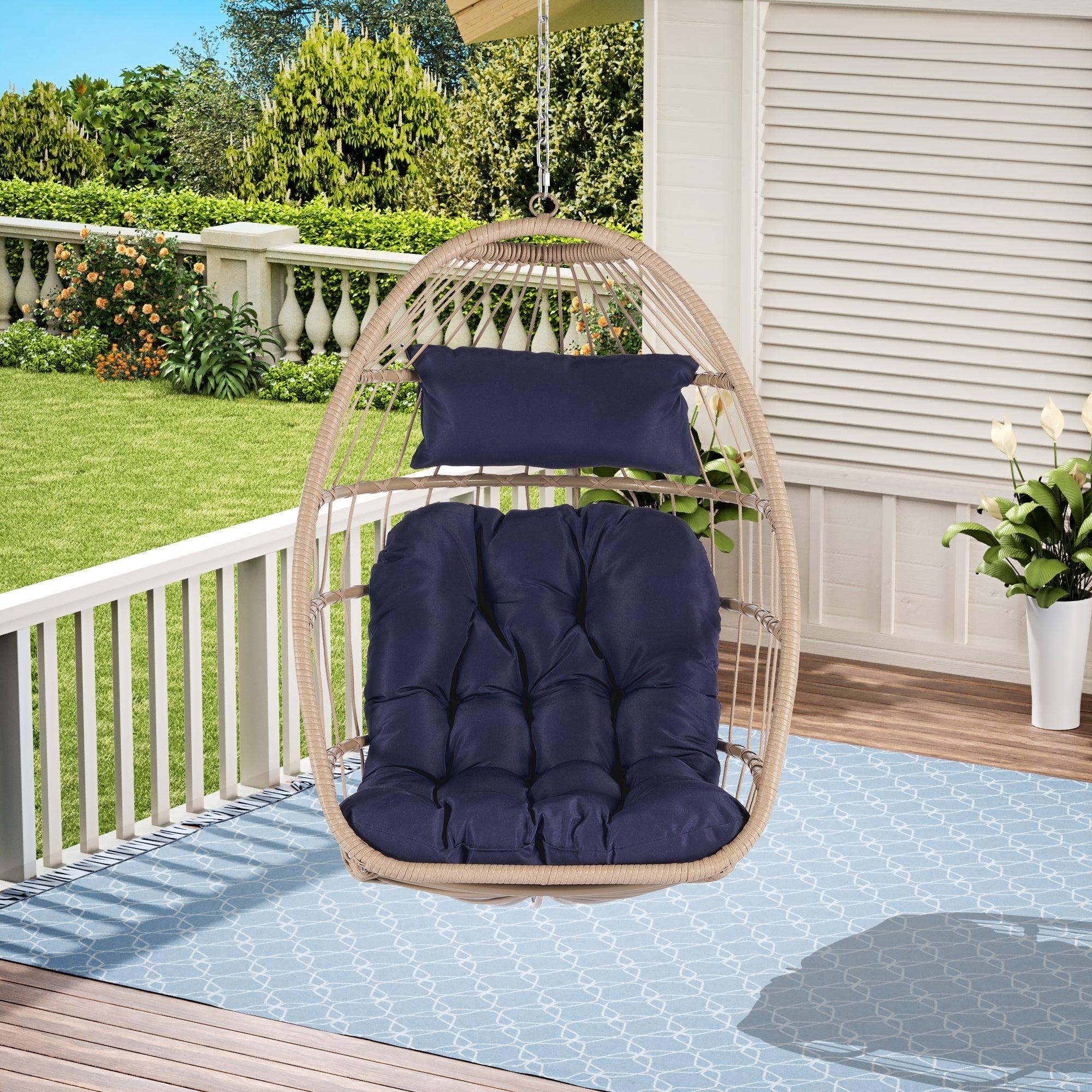 🆓🚛 Outdoor Garden Rattan Egg Swing Chair Hanging Chair, Dark Blue