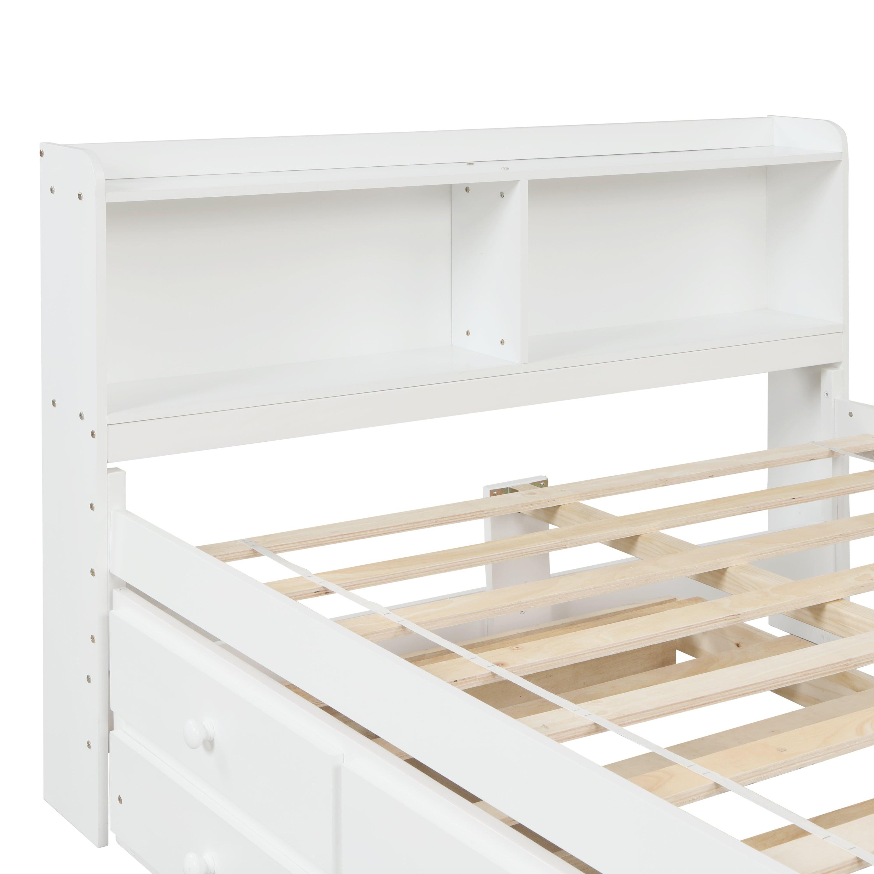 Full Bed With Bookcase, Twin Trundle & Drawers, White